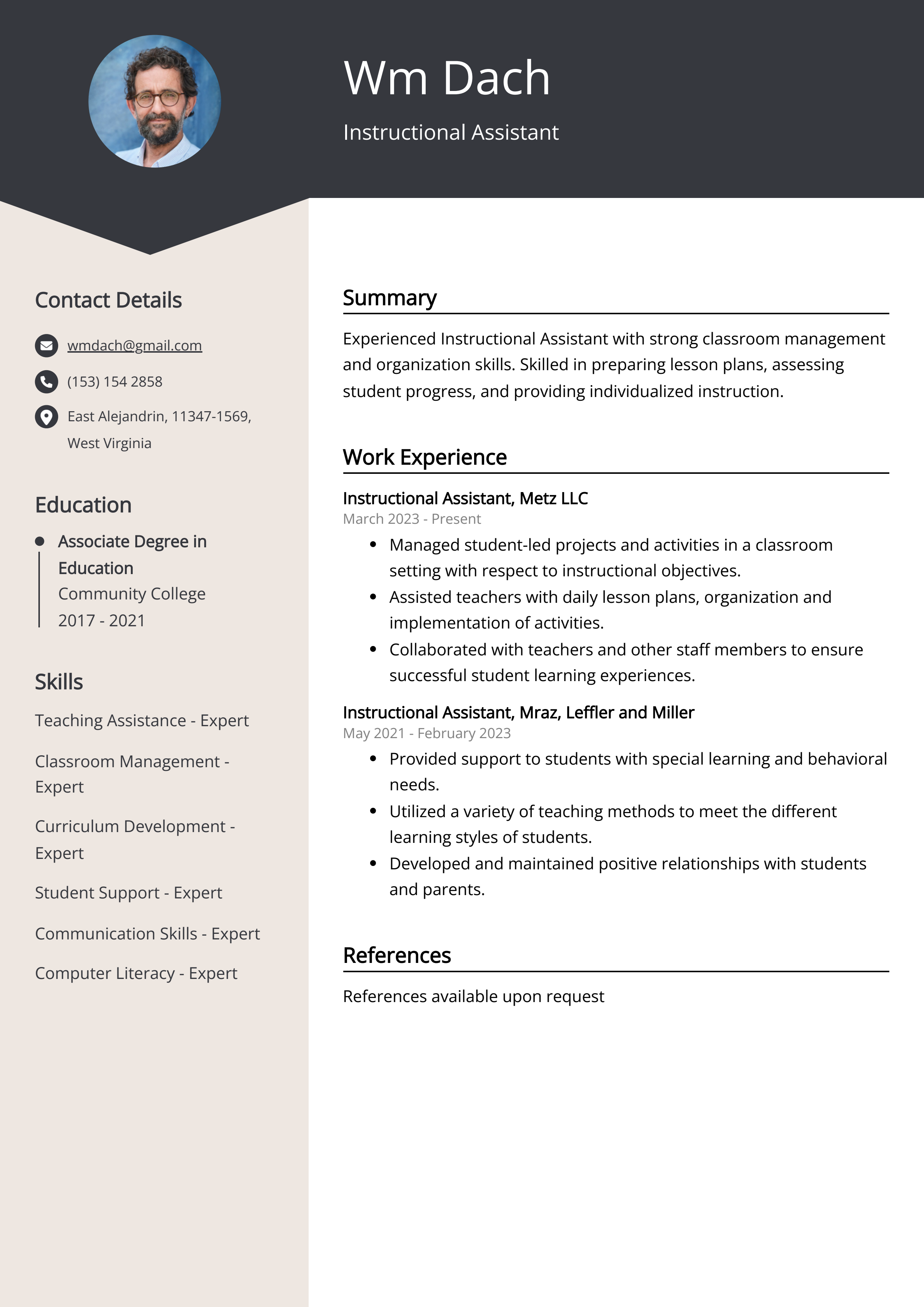 Instructional Assistant CV Example
