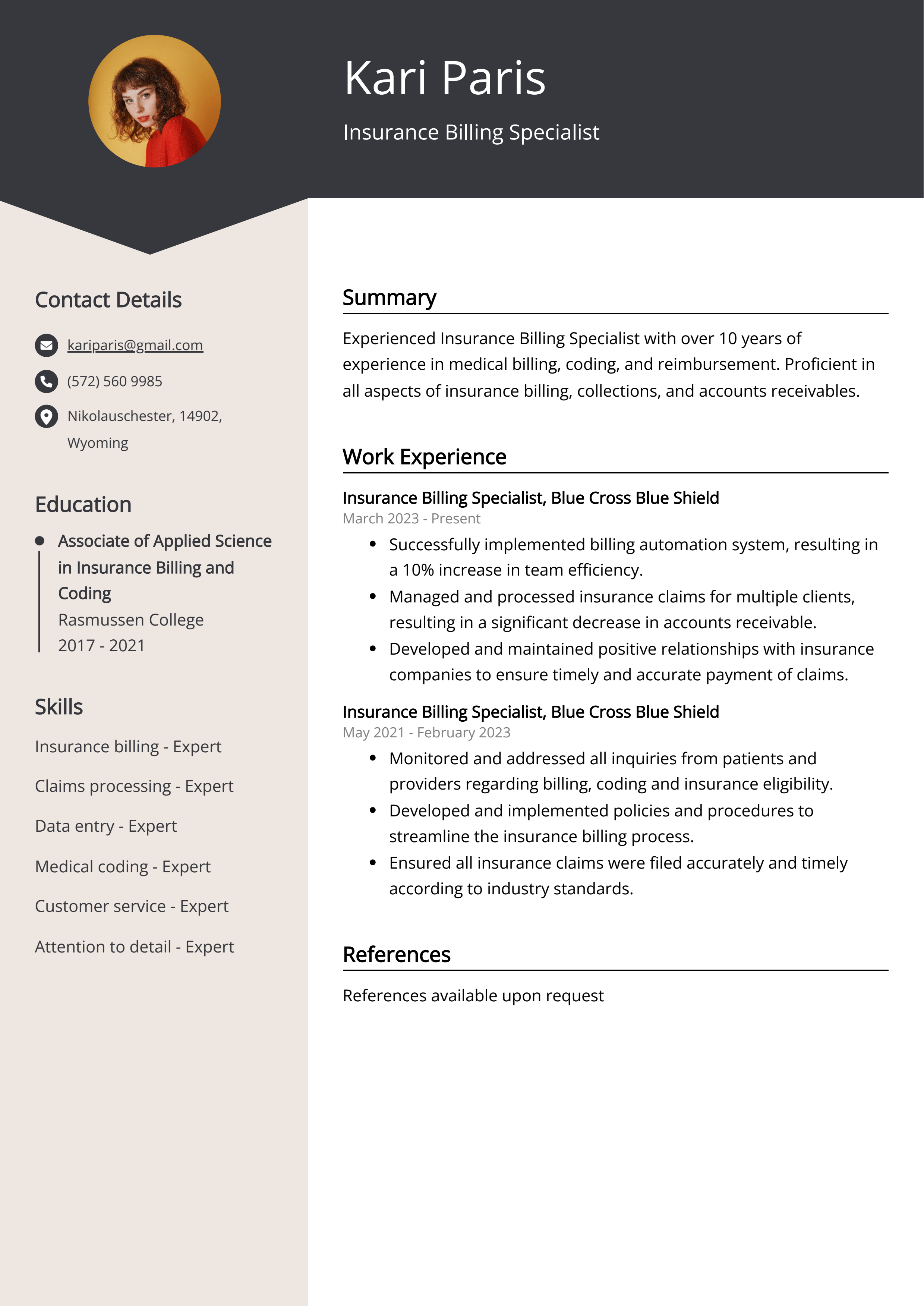 Insurance Billing Specialist CV Example