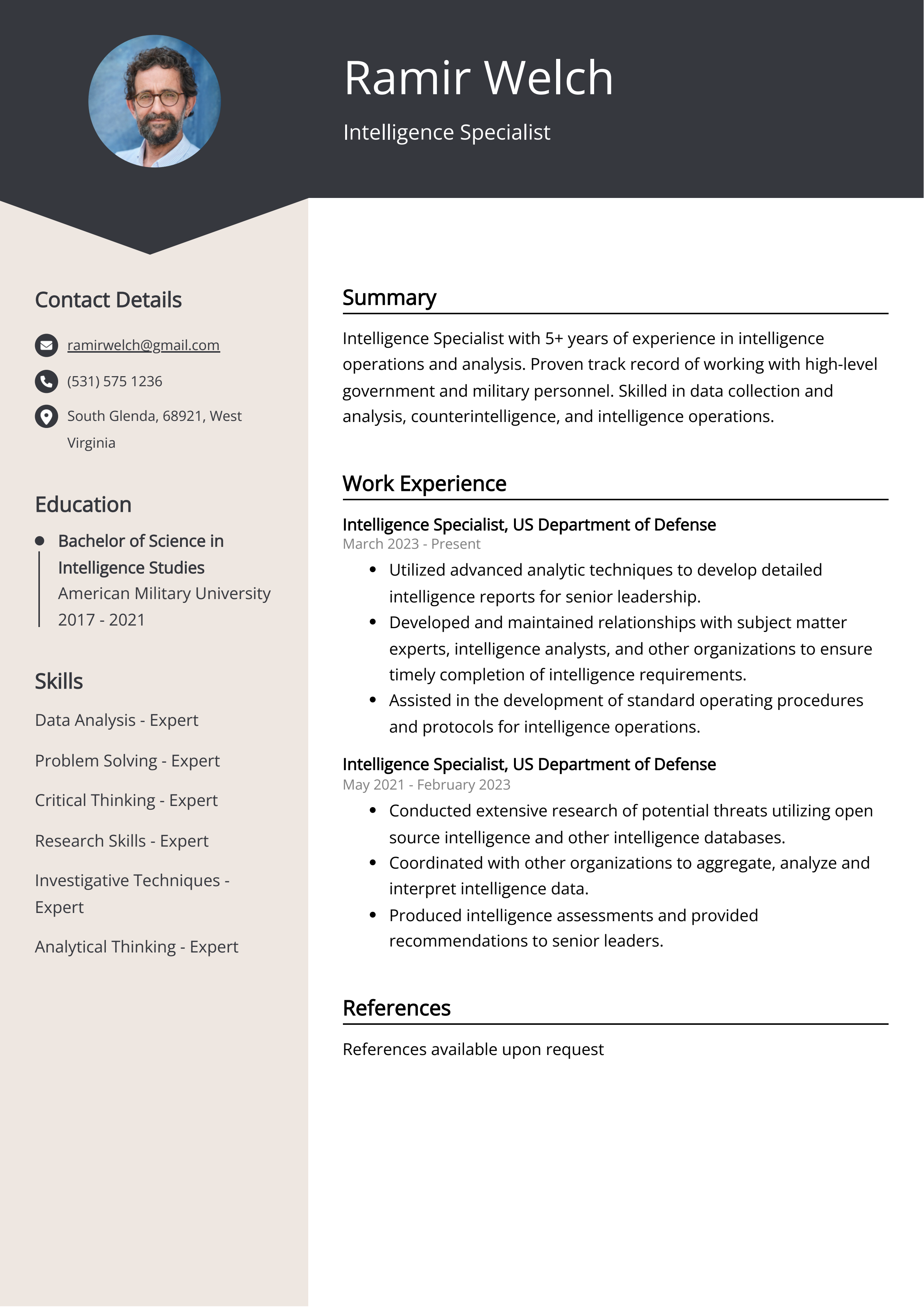 Intelligence Specialist CV Example