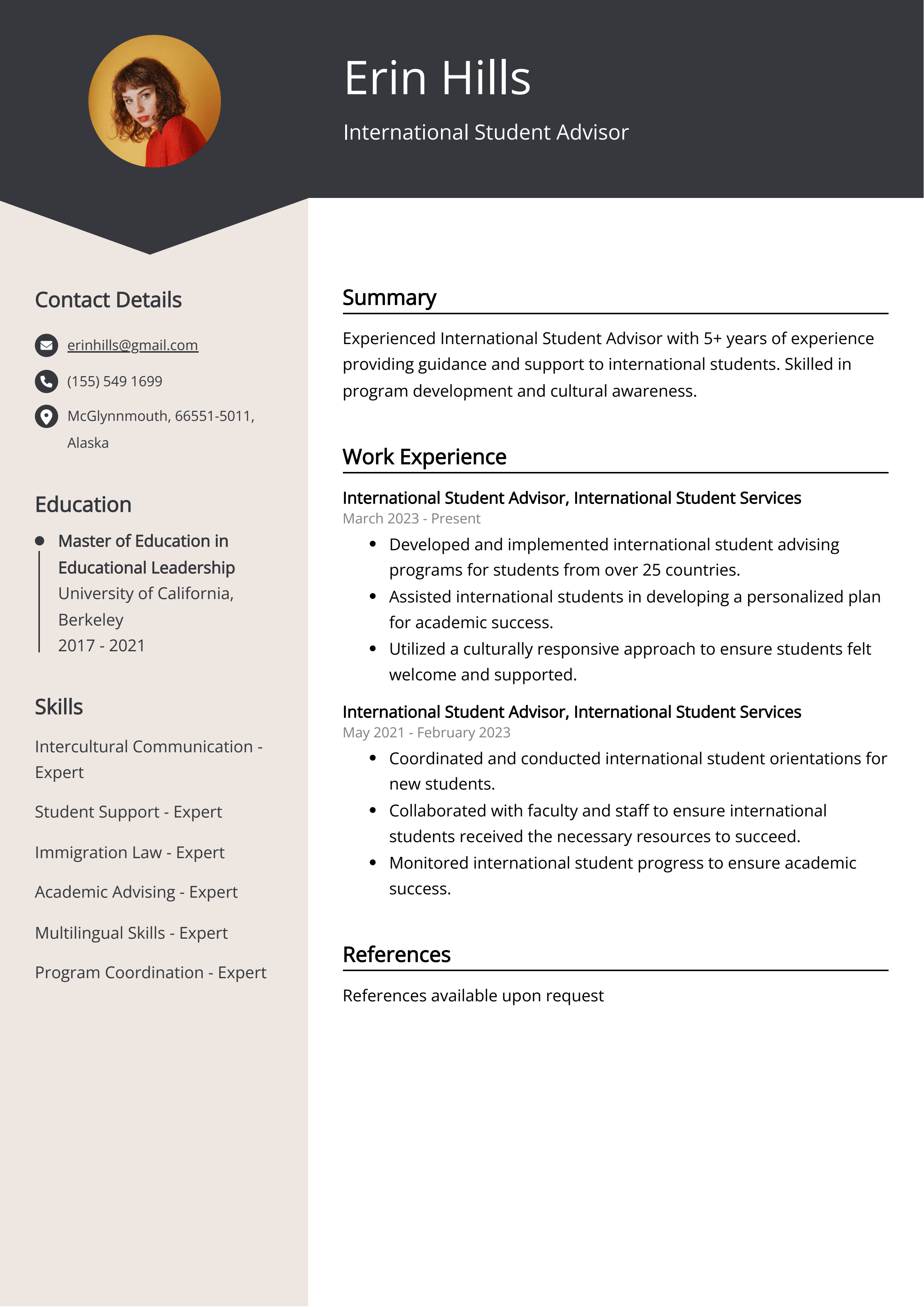 International Student Advisor CV Example