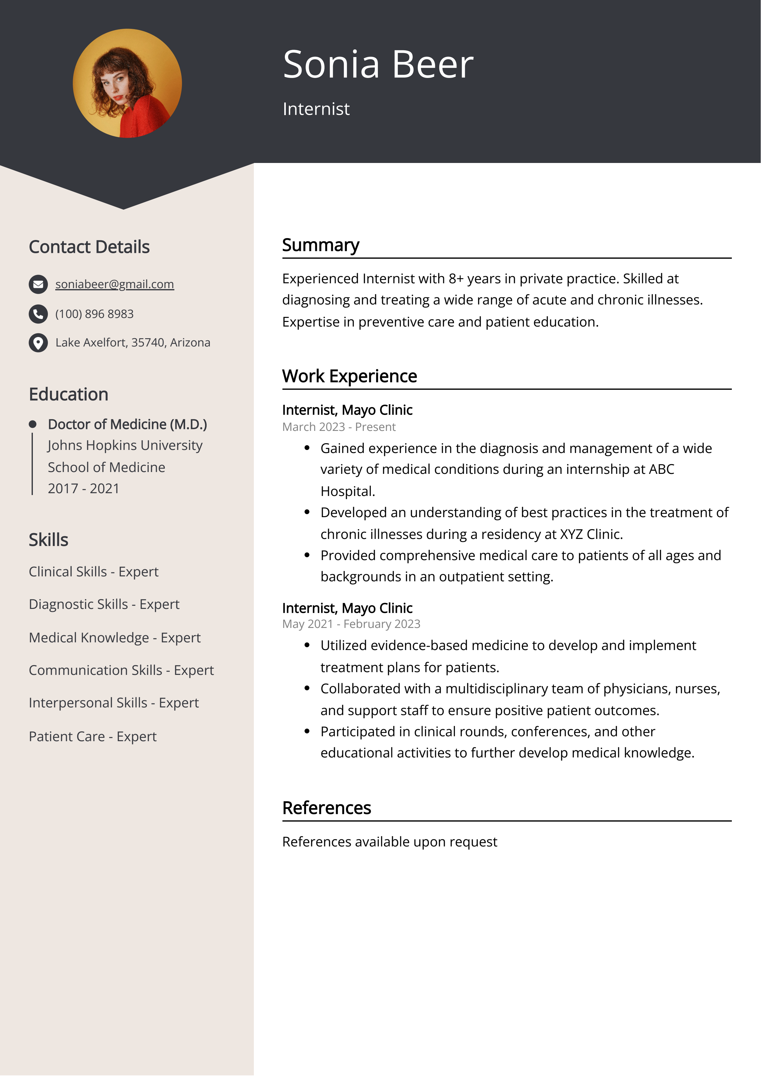 Internist CV Example