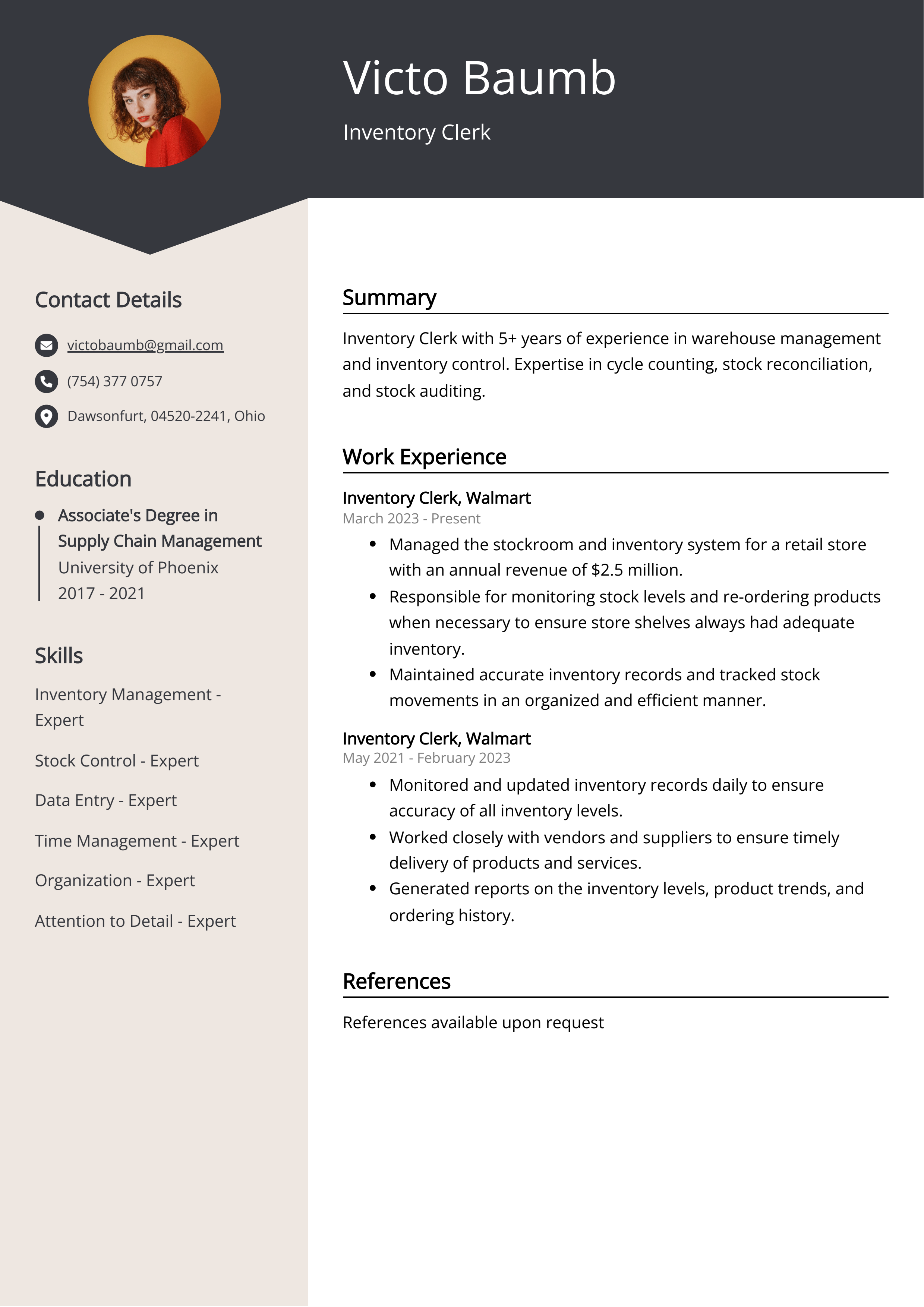 Inventory Clerk CV Example