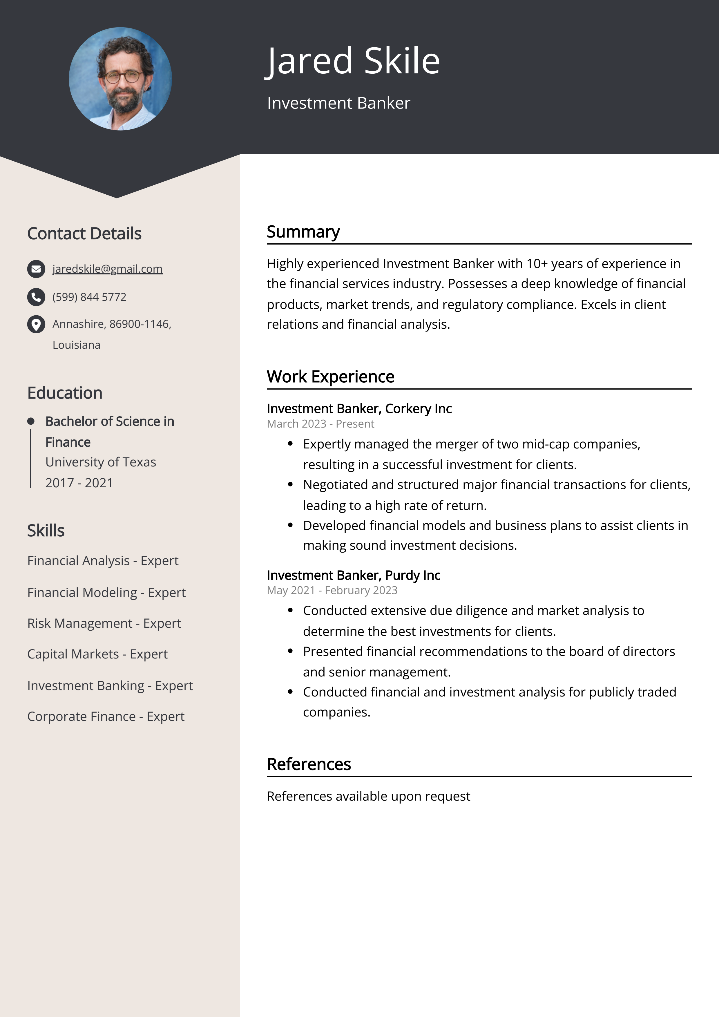 Investment Banker CV Example