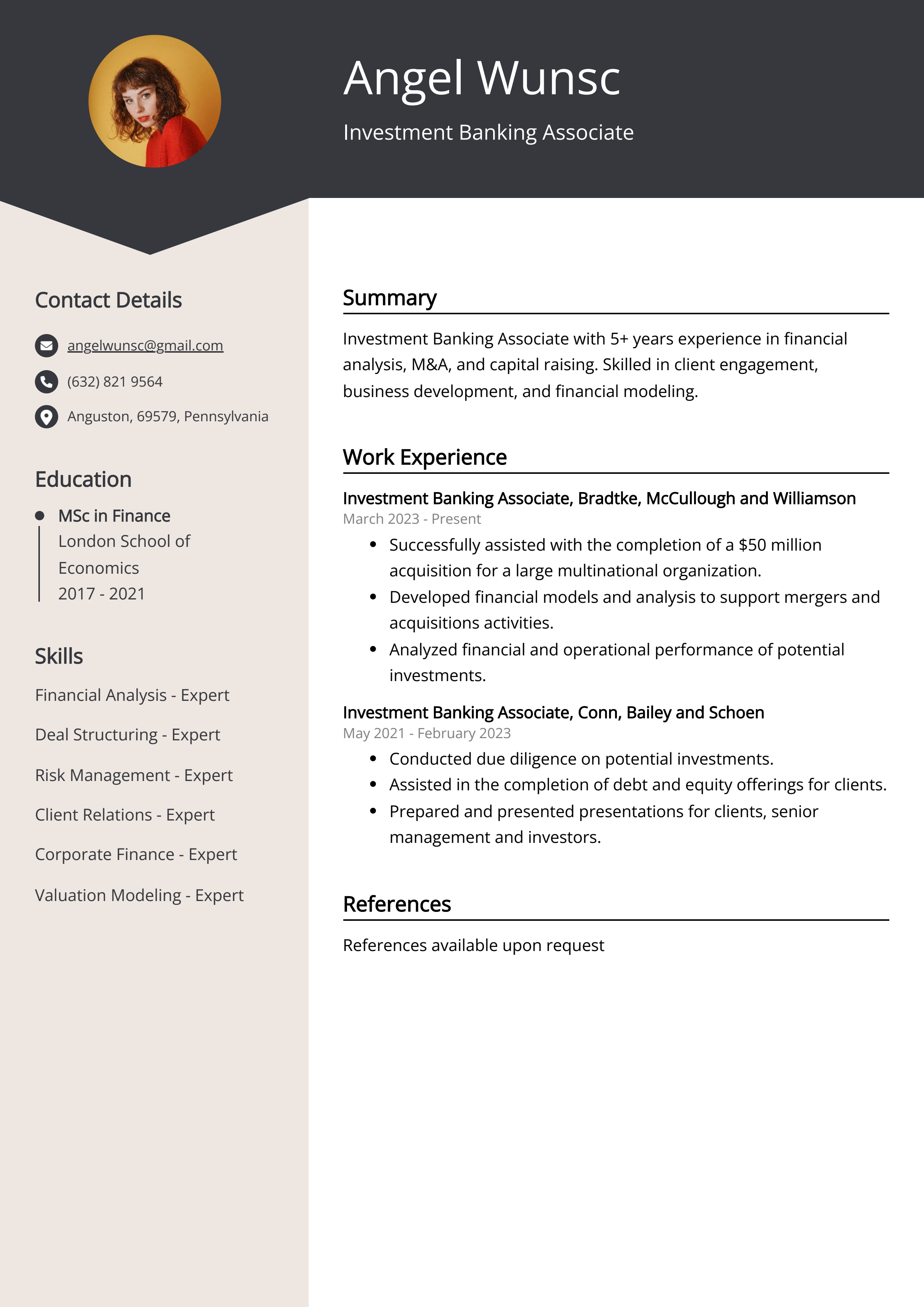 Investment Banking Associate CV Example