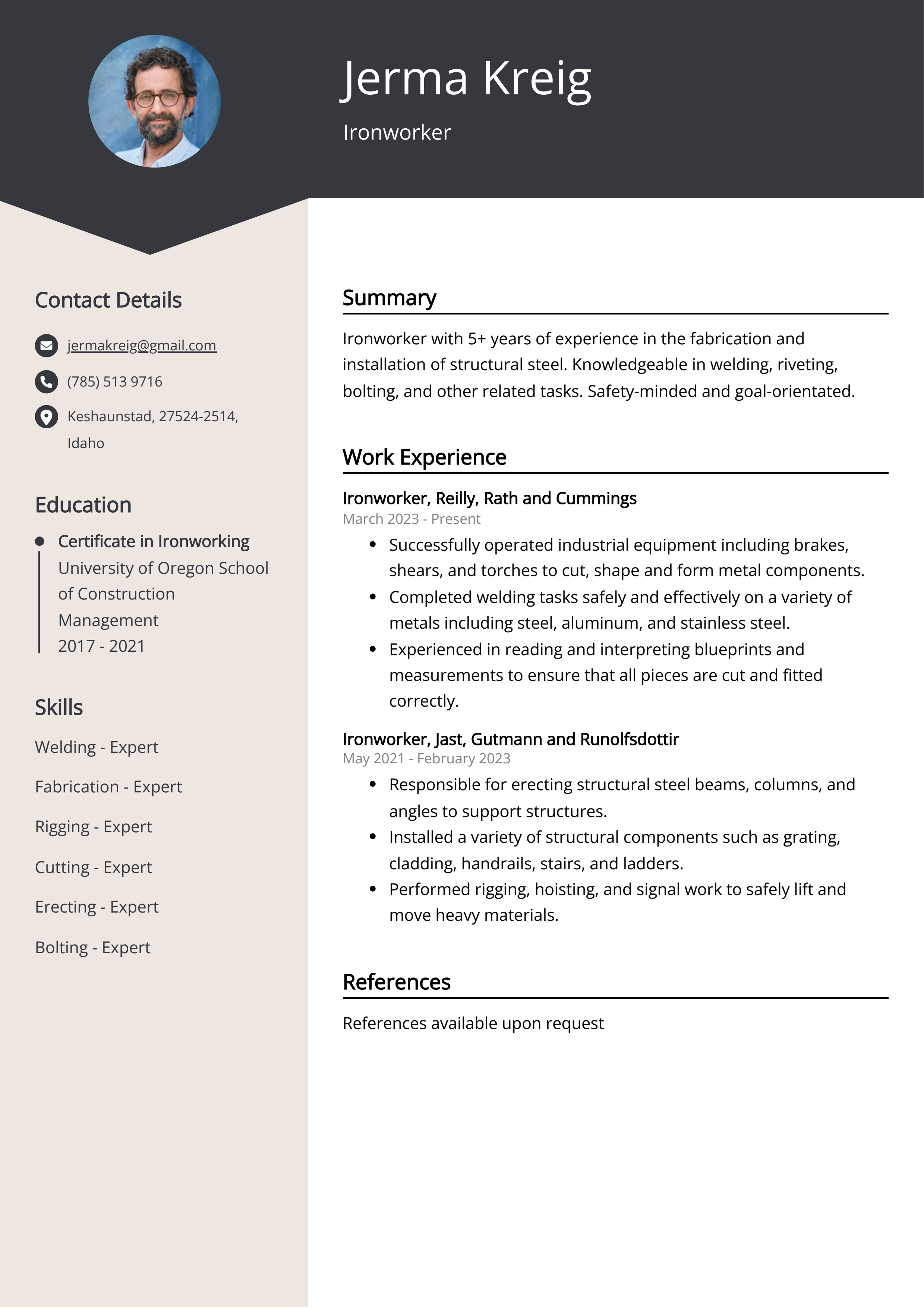 Ironworker CV Example