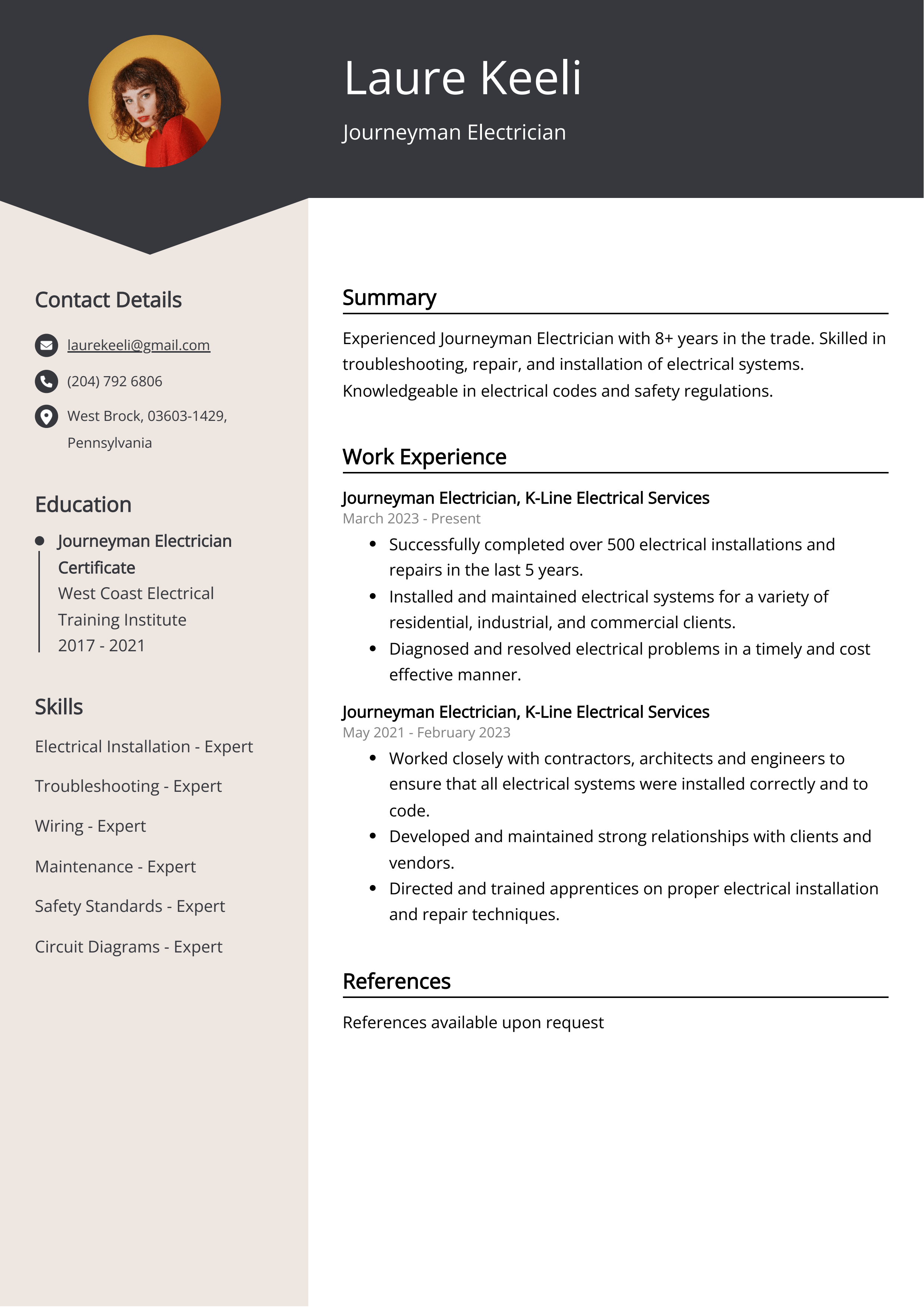 Journeyman Electrician CV Example