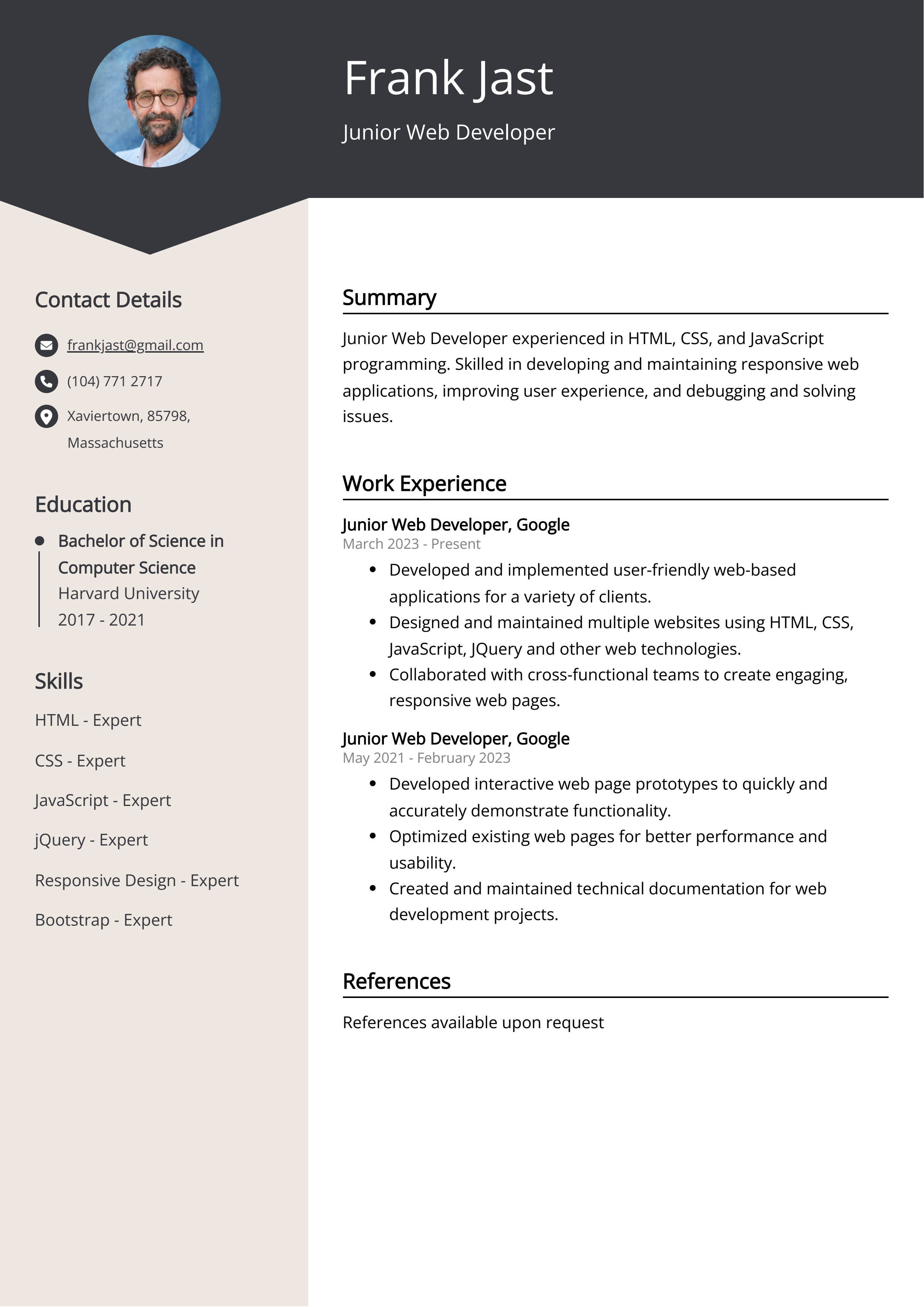 Junior Web Developer CV Example