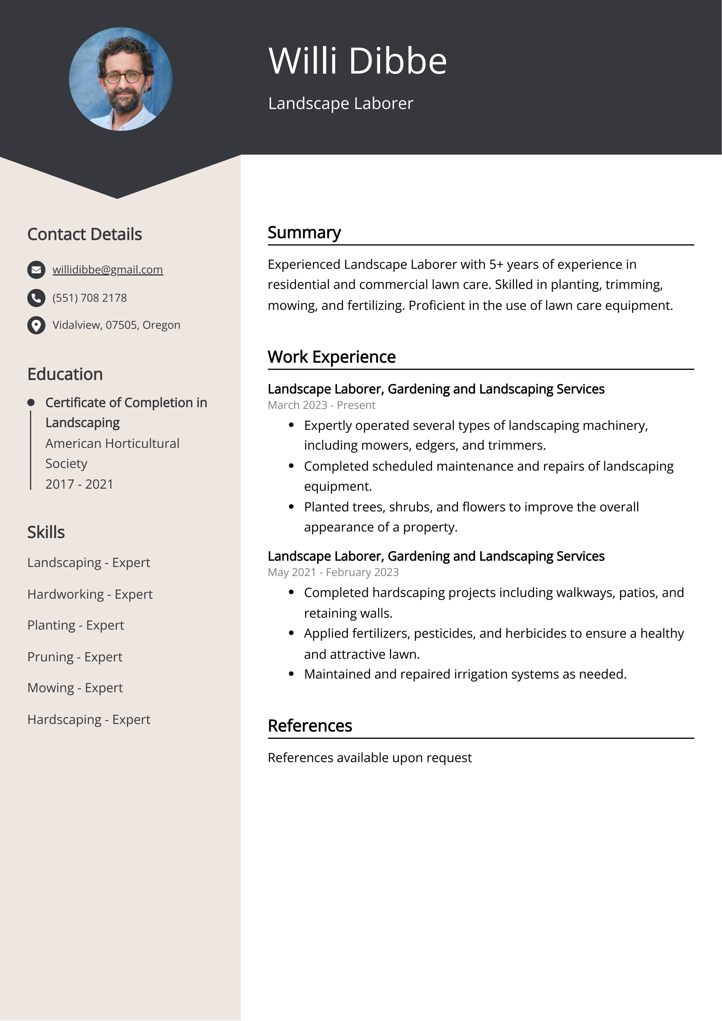 Landscape Laborer CV Example