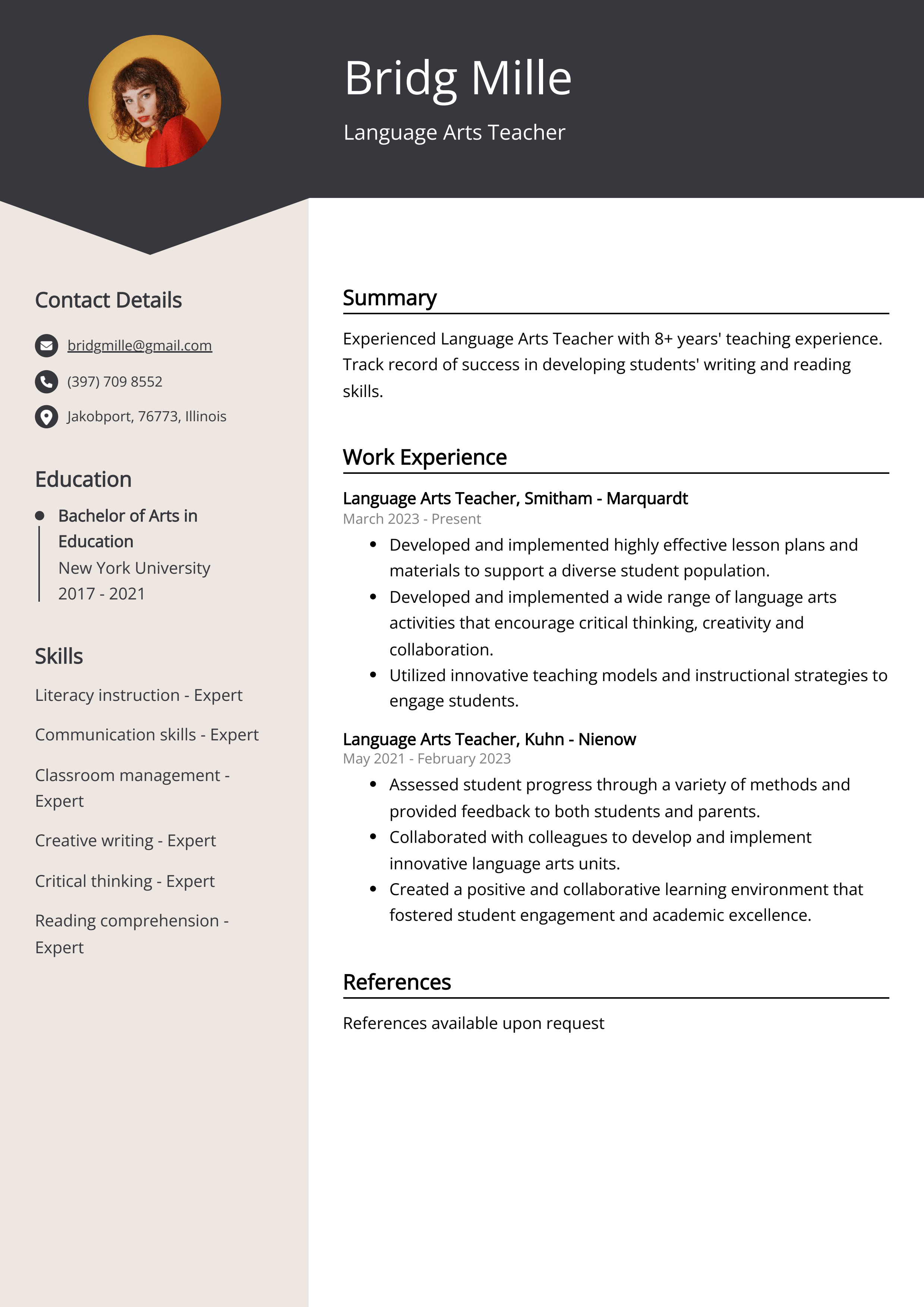 Language Arts Teacher CV Example