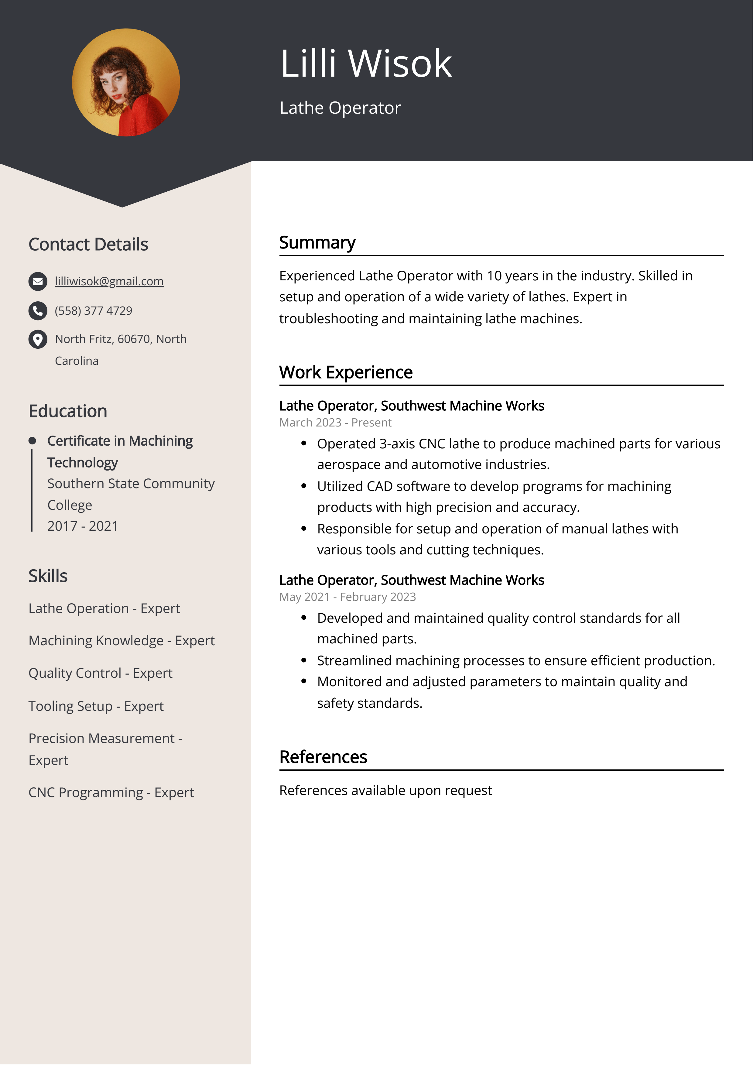 Lathe Operator CV Example
