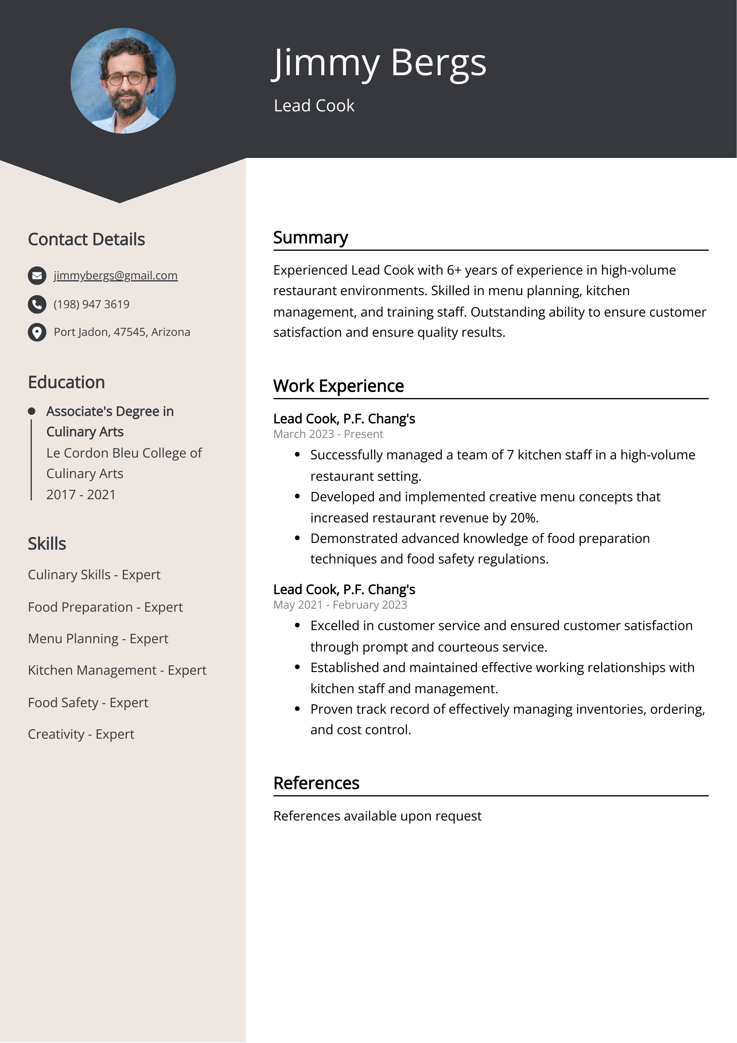 Lead Cook CV Example