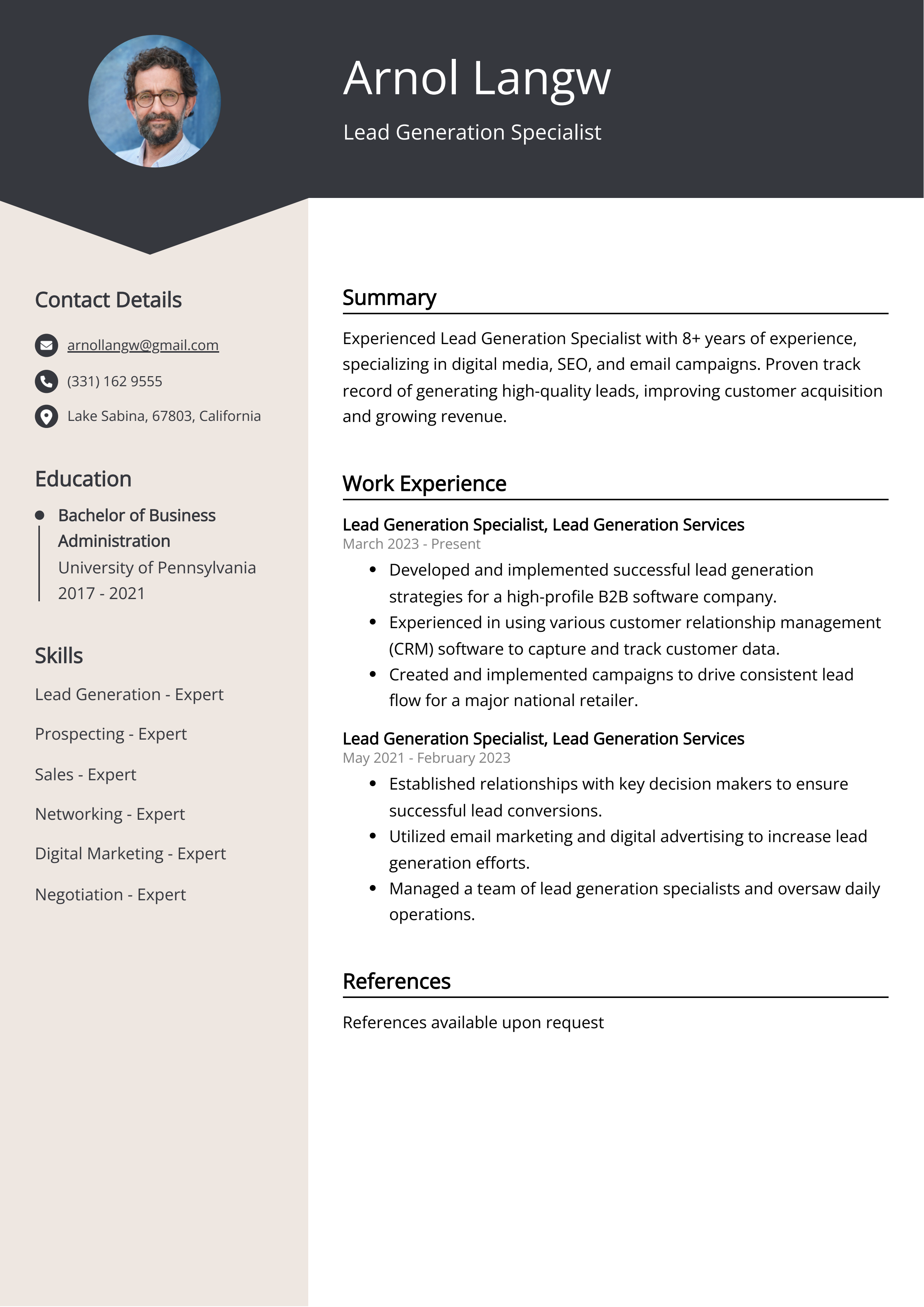 Lead Generation Specialist CV Example