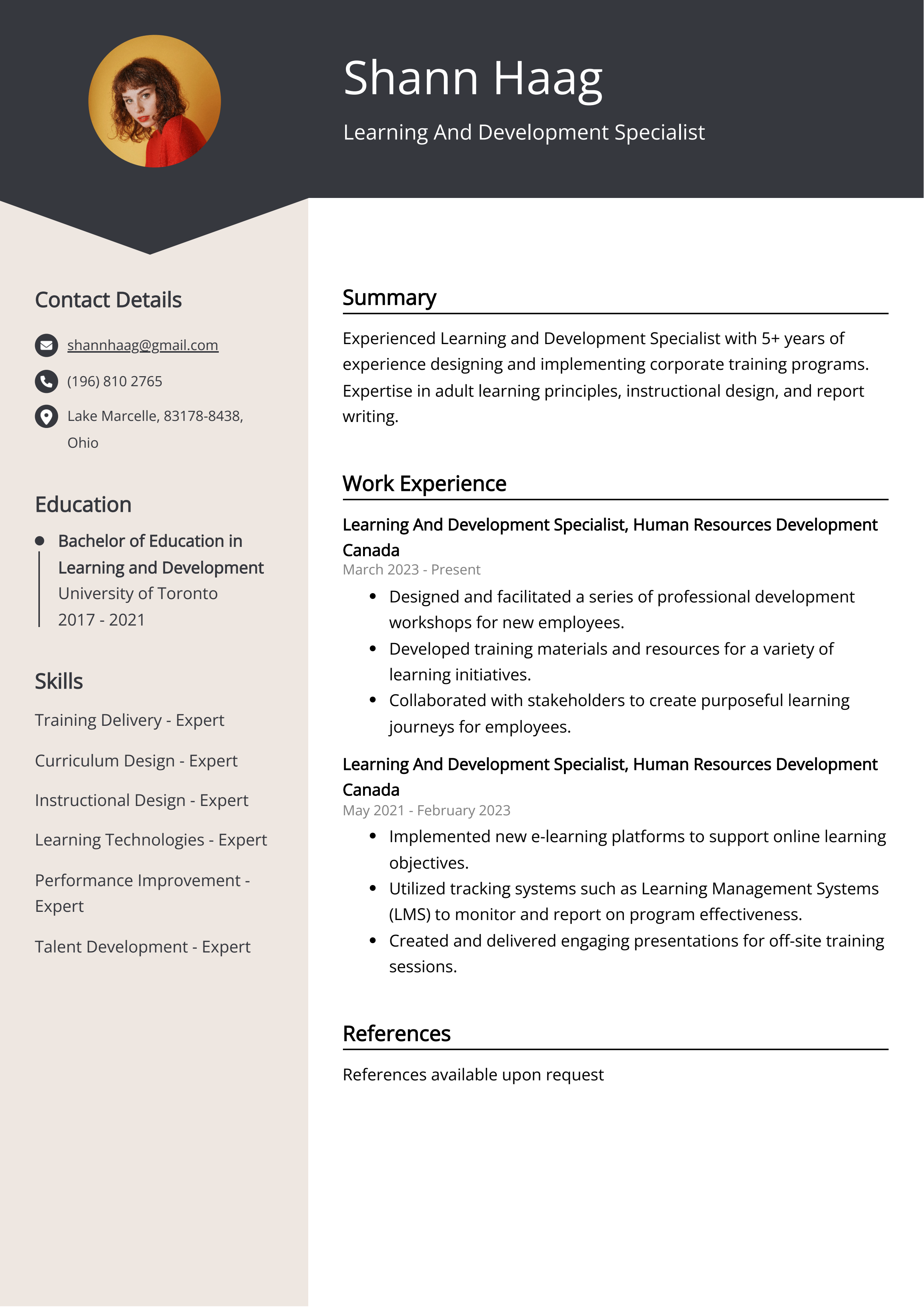 Learning And Development Specialist CV Example