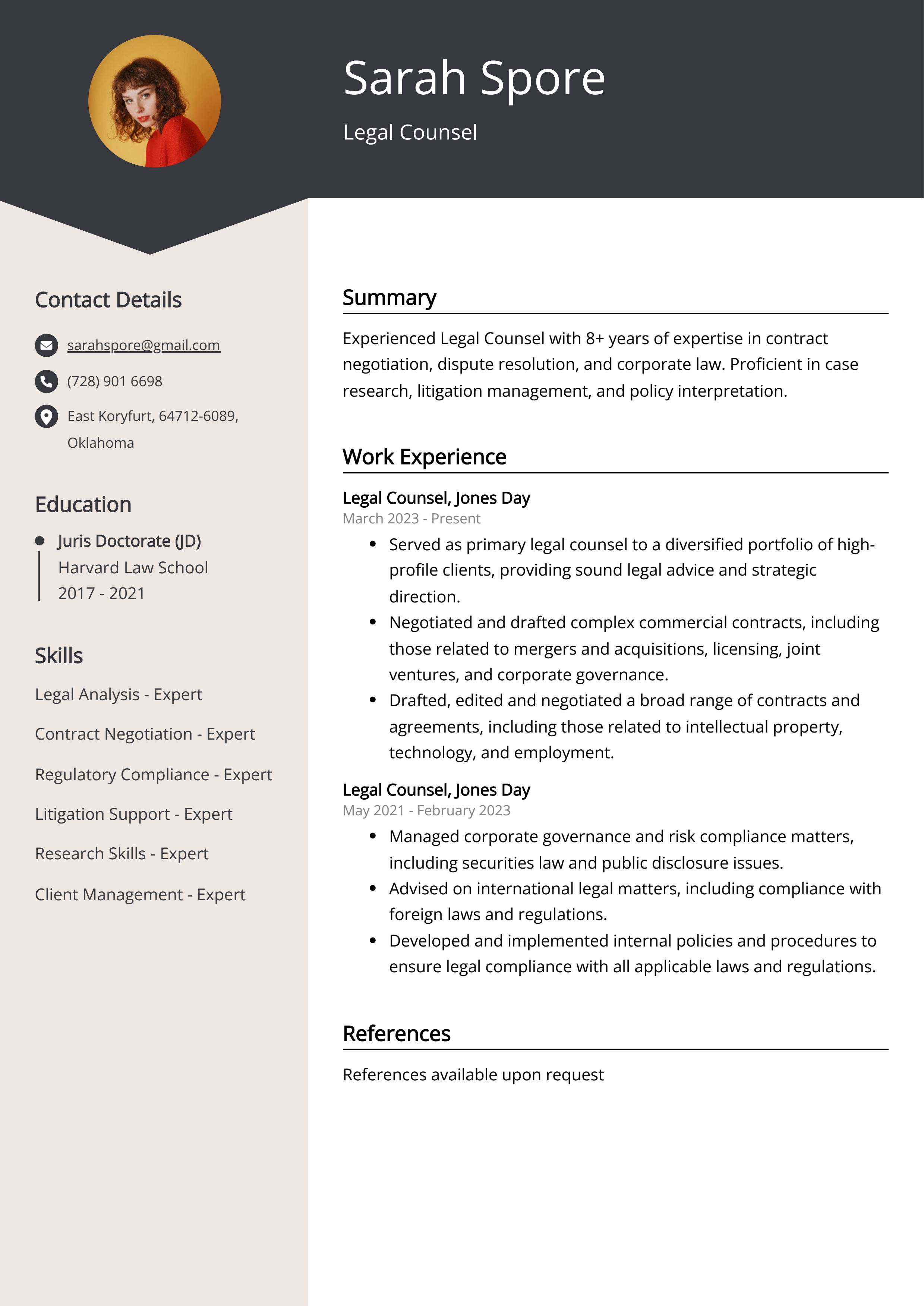 Legal Counsel CV Job Description Sample Guide