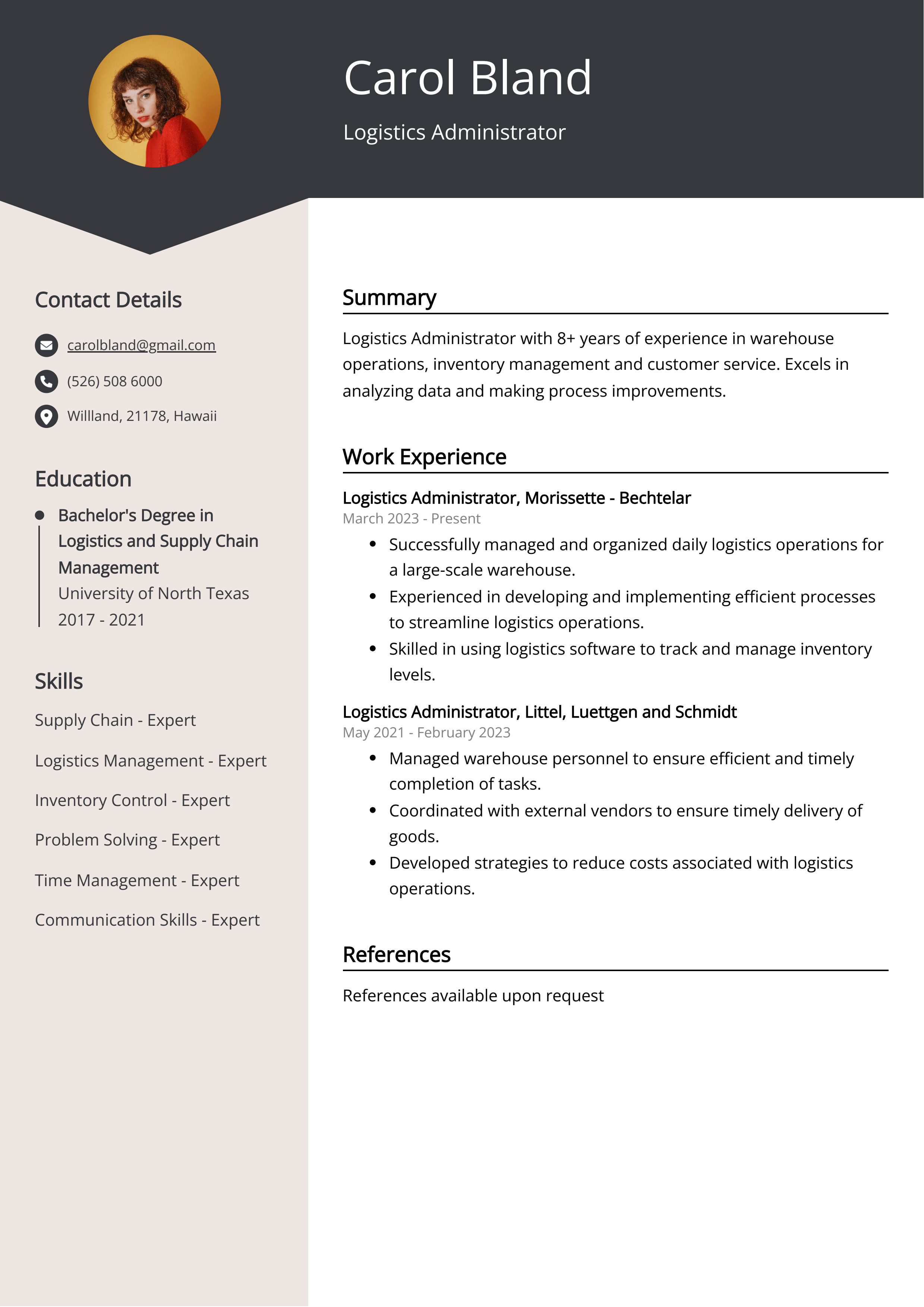 Logistics Administrator CV Example