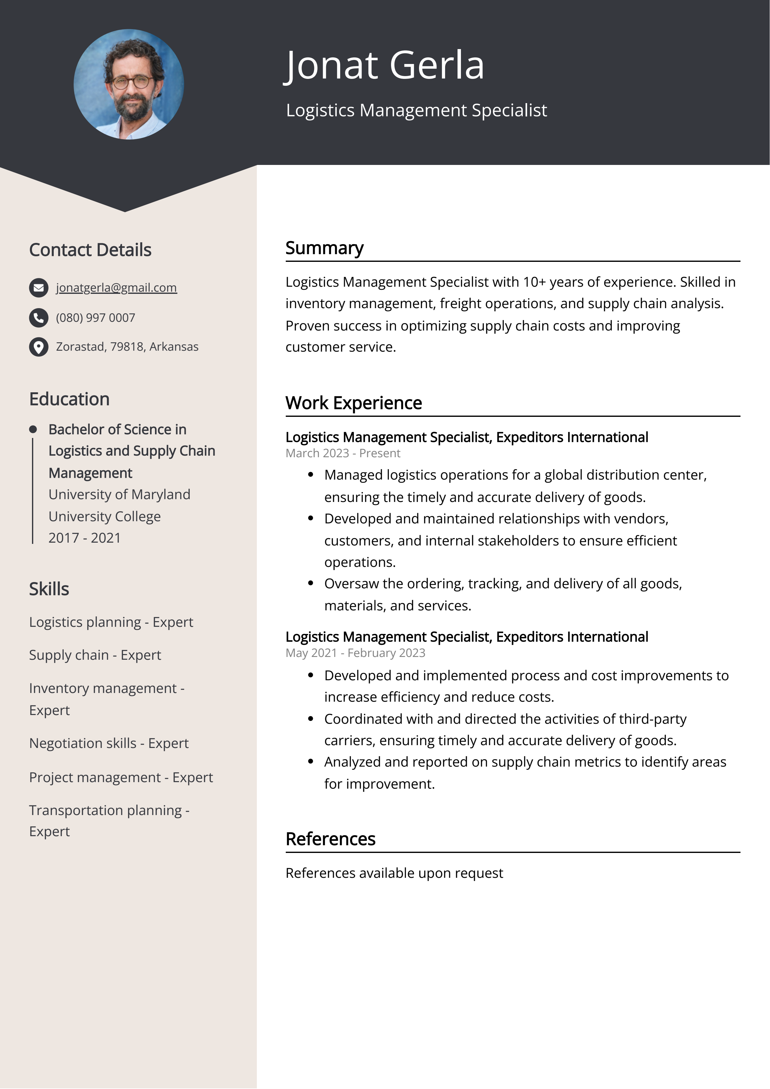 Logistics Management Specialist CV Example