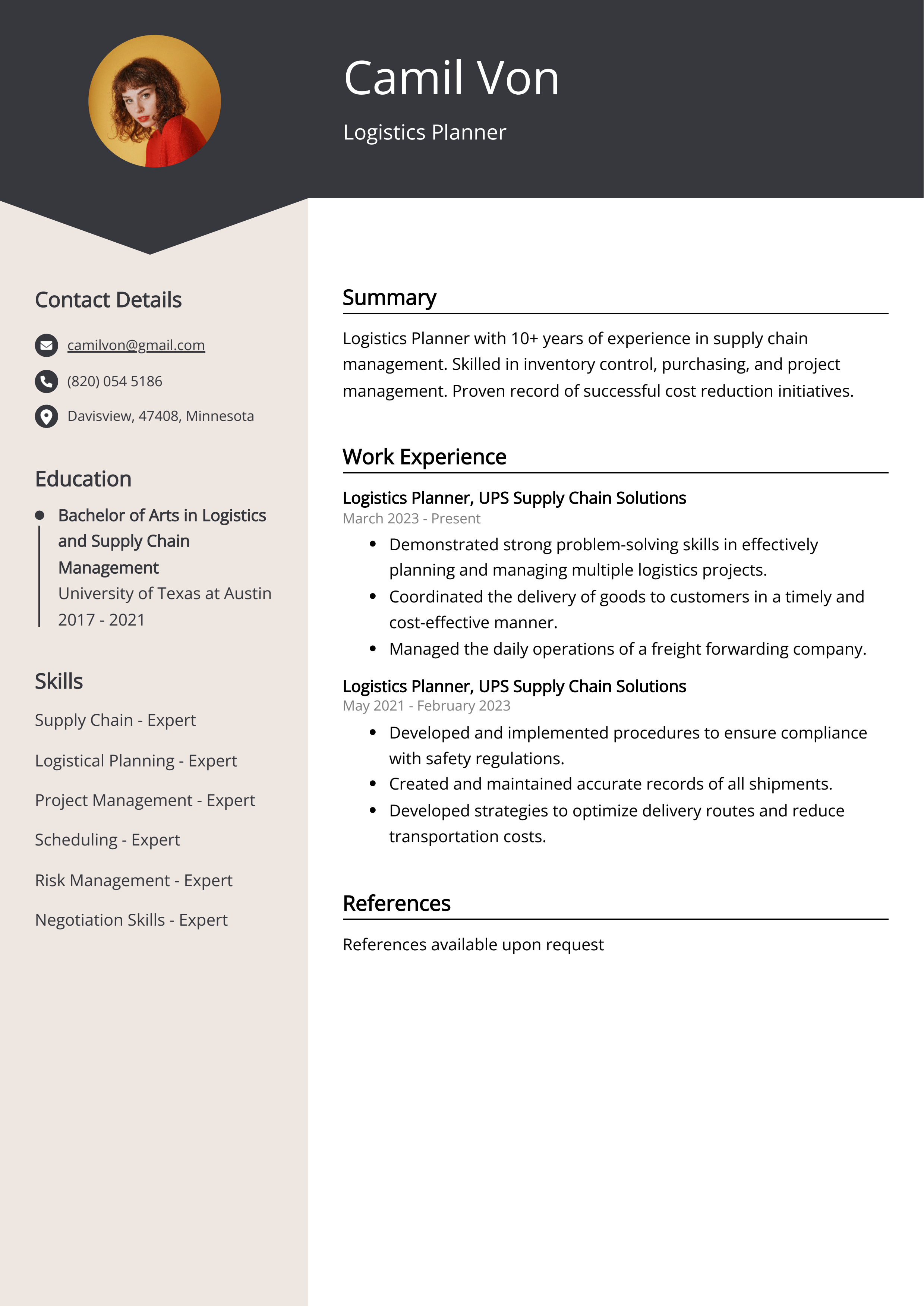 Logistics Planner CV Example