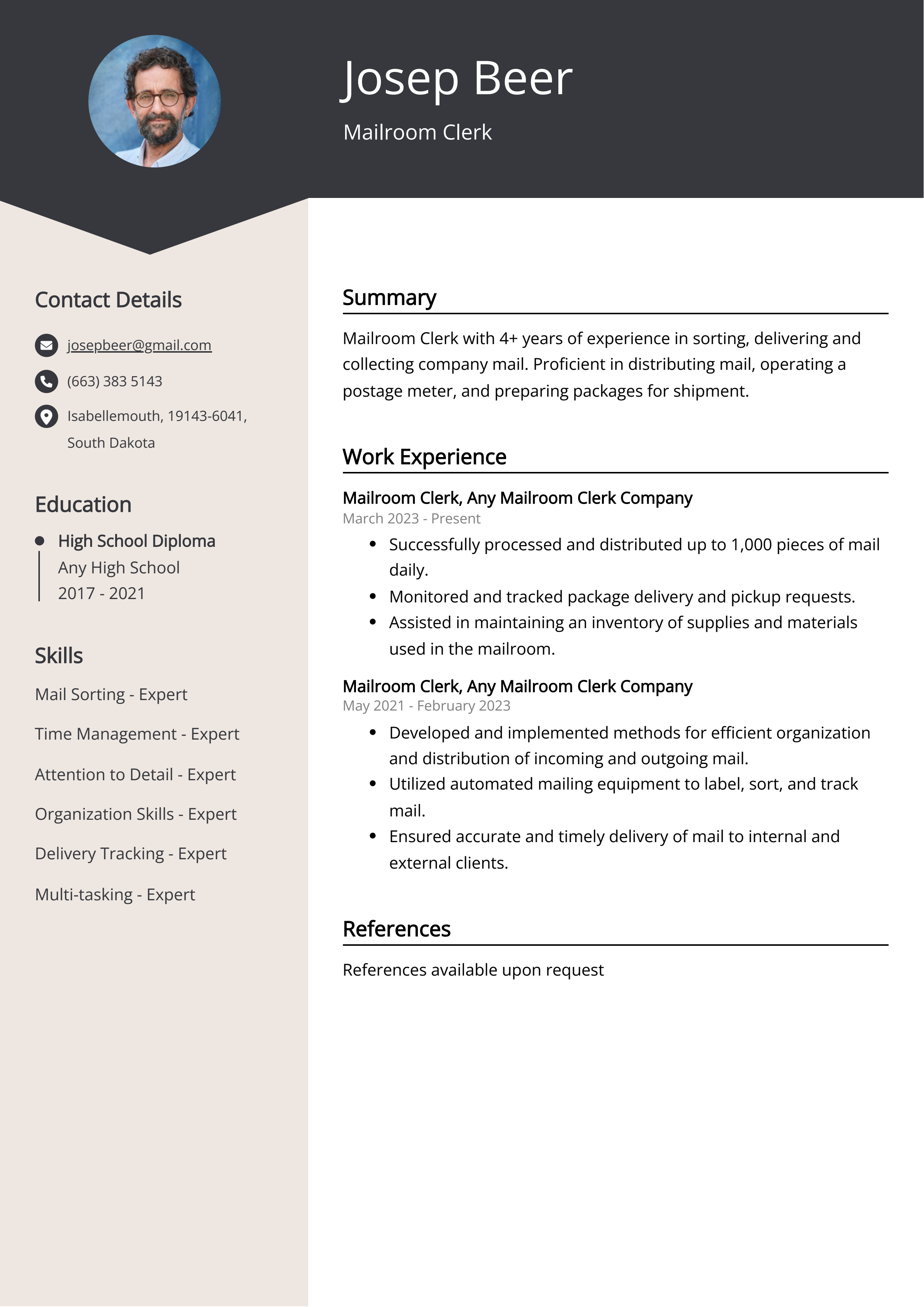 Mailroom Clerk CV Example