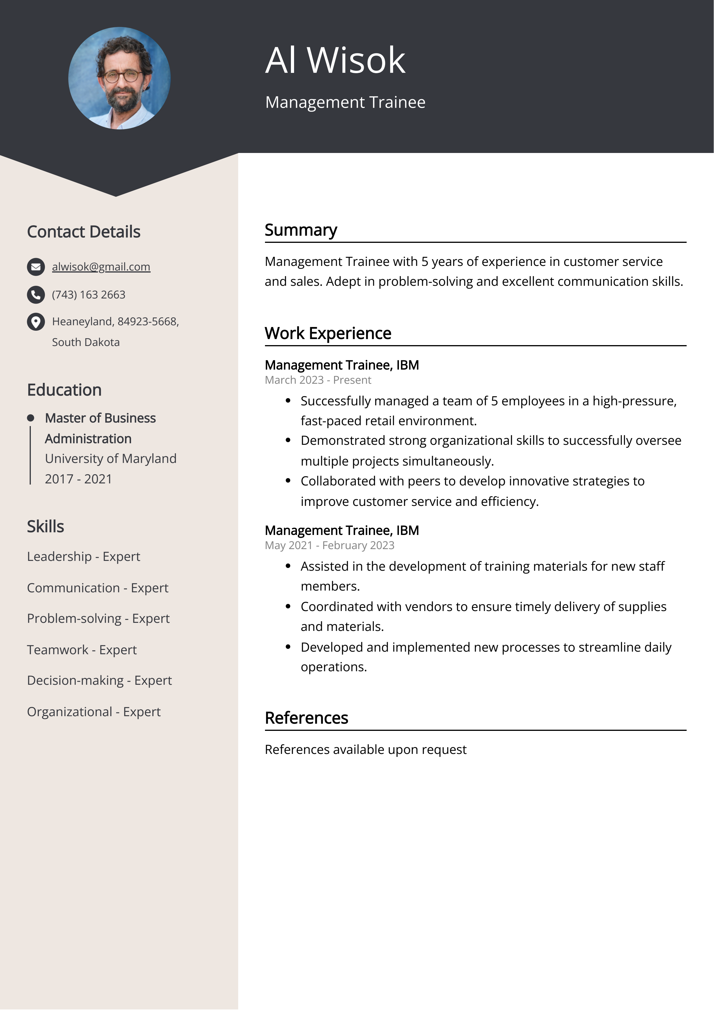 Management Trainee CV Example