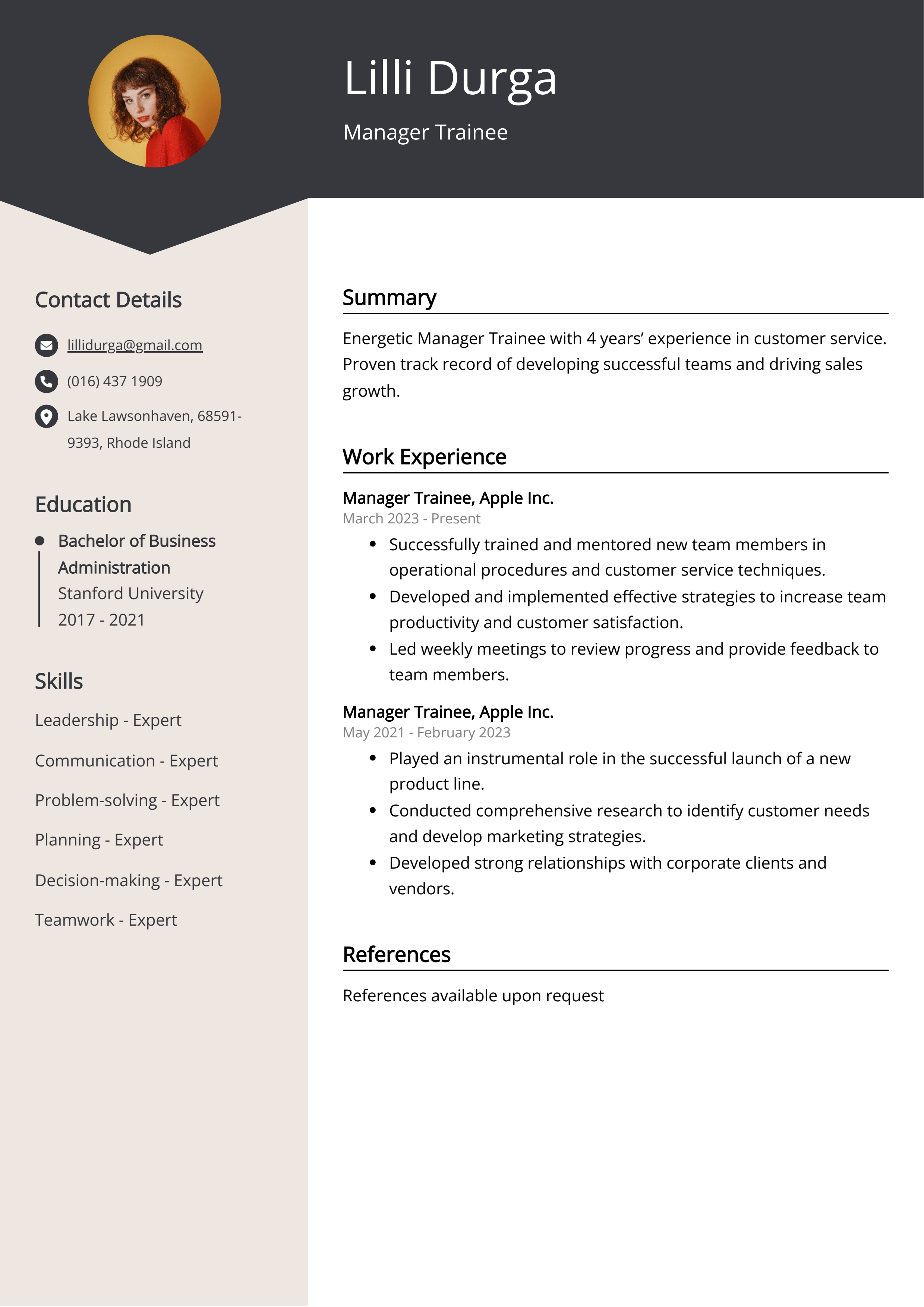 Manager Trainee CV Example