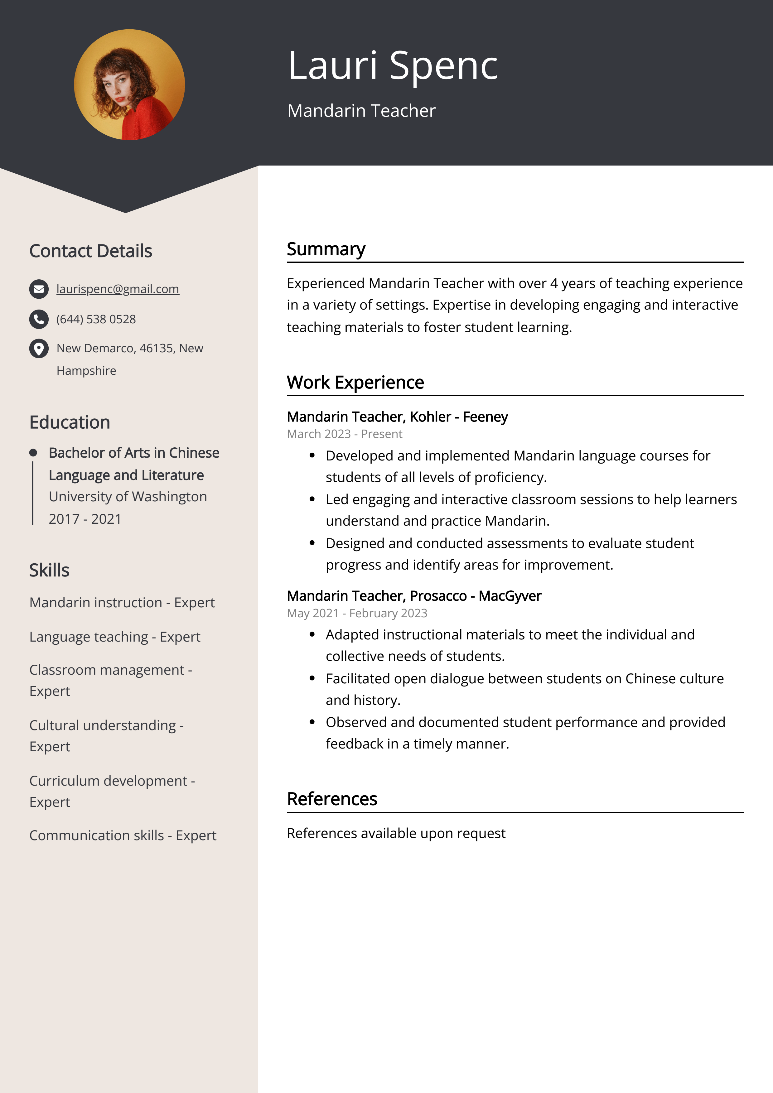 Mandarin Teacher CV Example