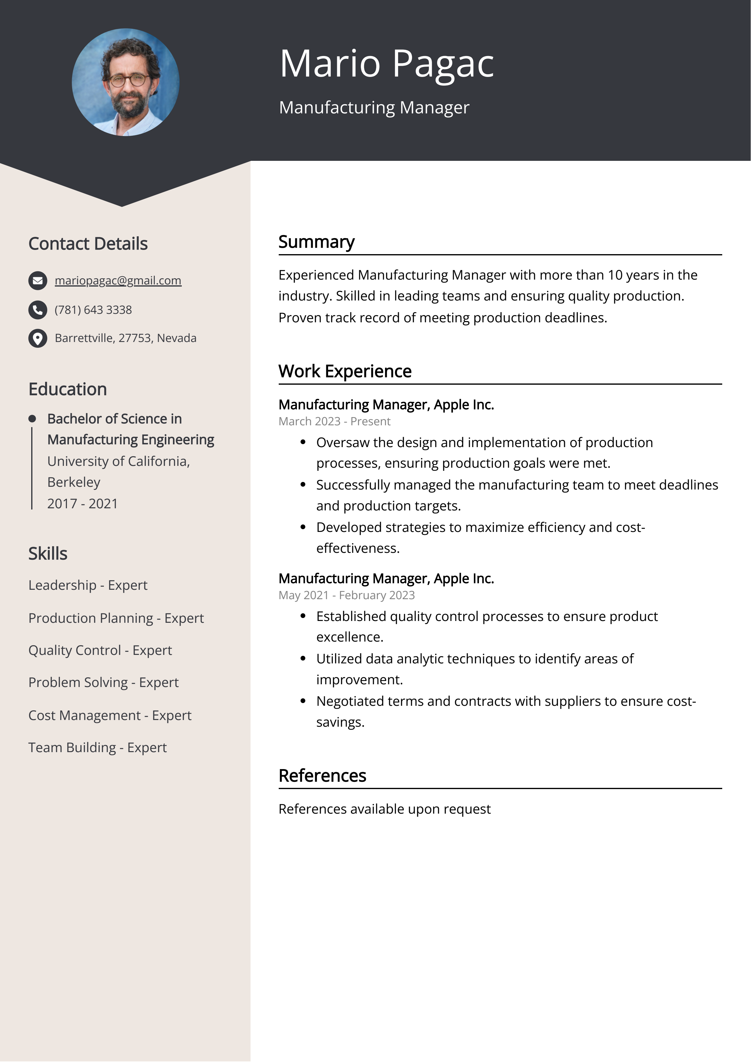 Manufacturing Manager CV Example