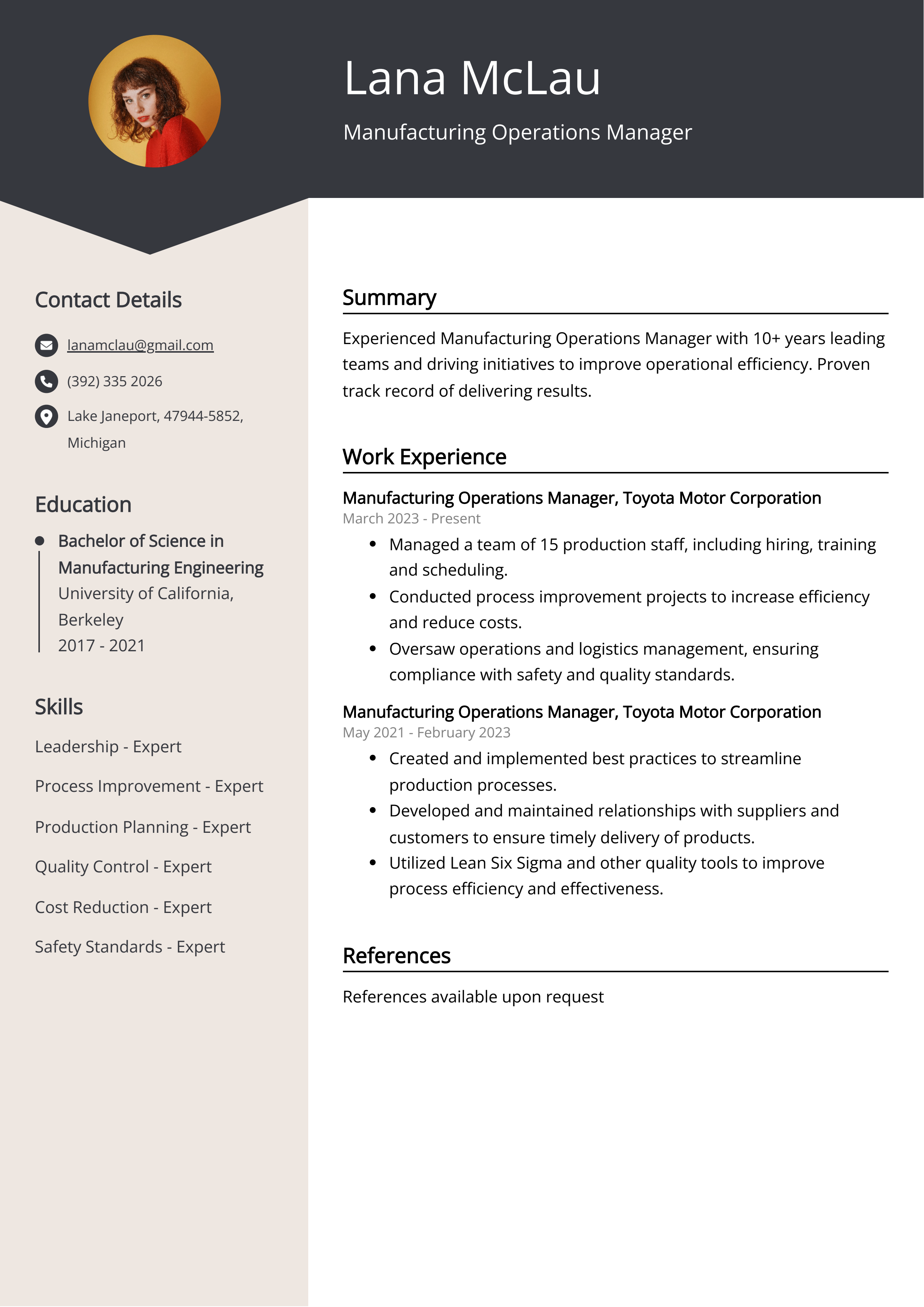 Manufacturing Operations Manager CV Example