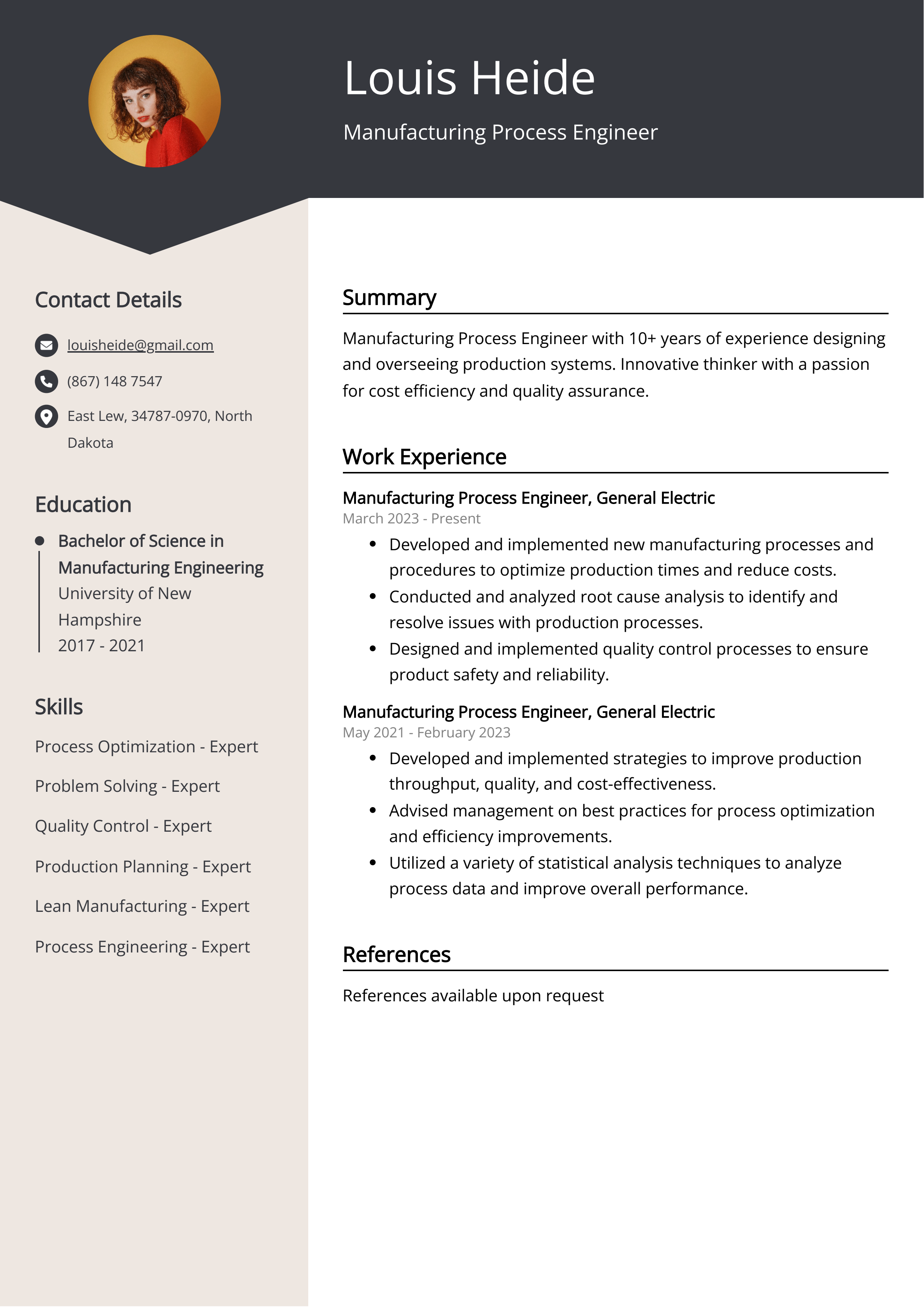 Manufacturing Process Engineer CV Example
