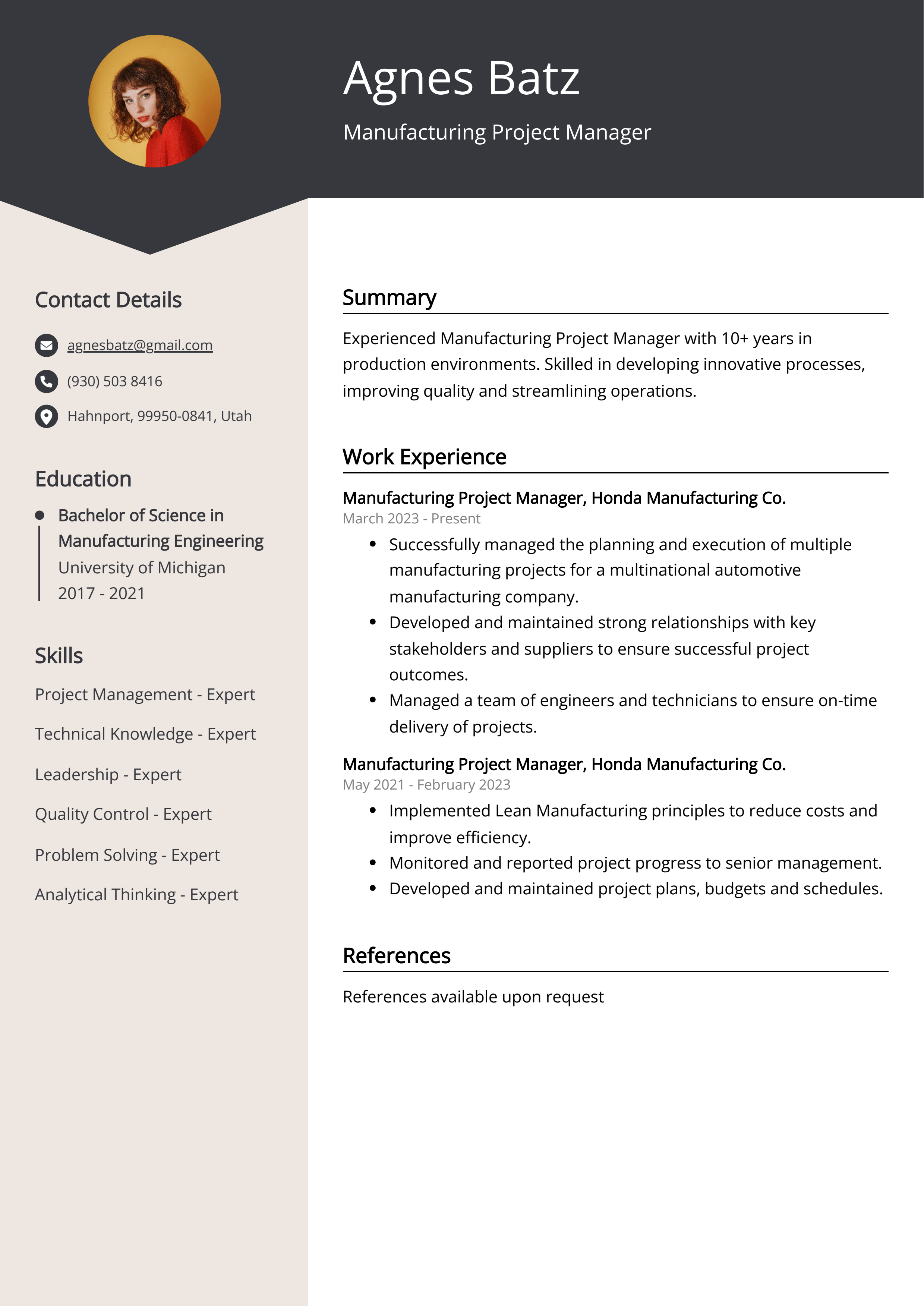 Manufacturing Project Manager CV Example