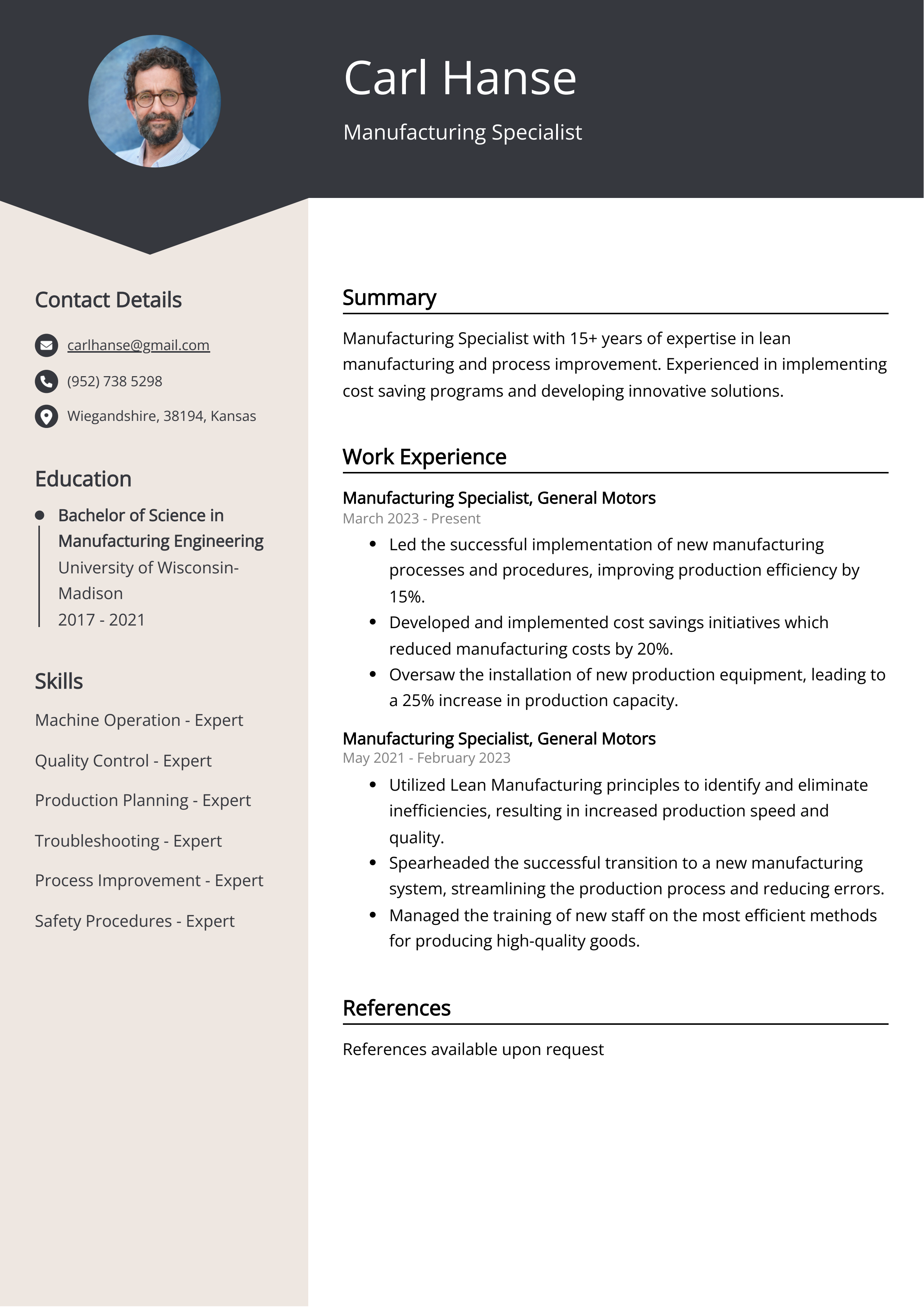 Manufacturing Specialist CV Example