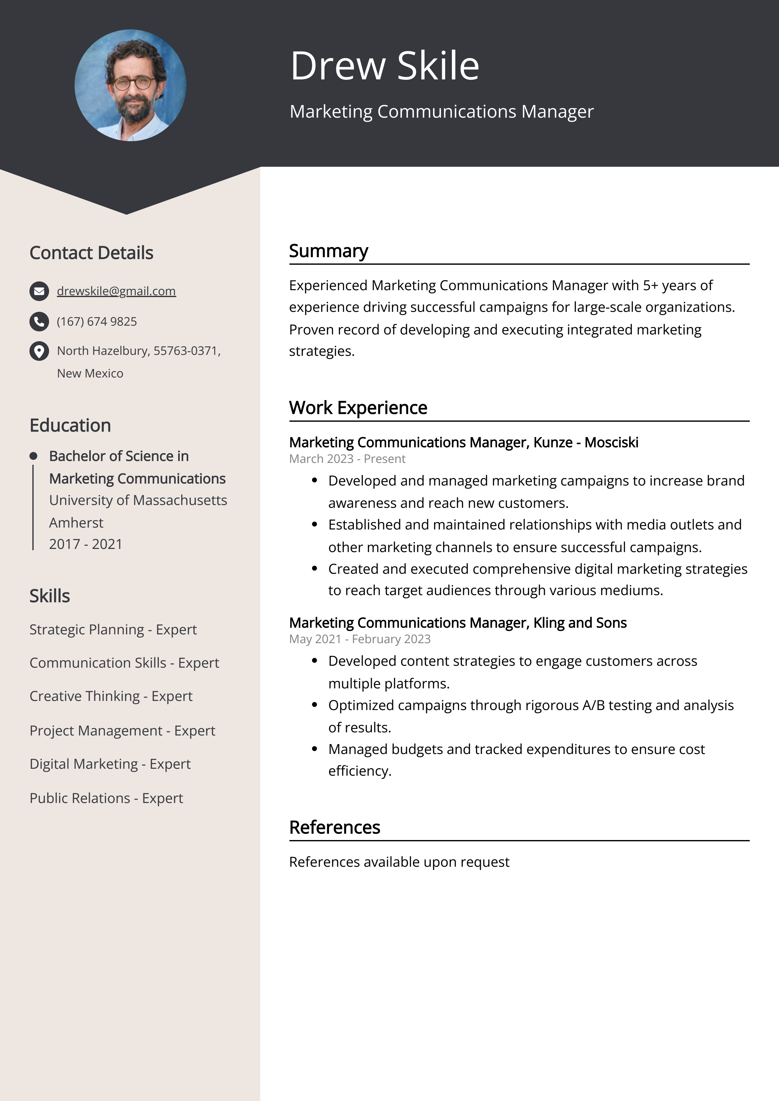 Marketing Communications Manager CV Example