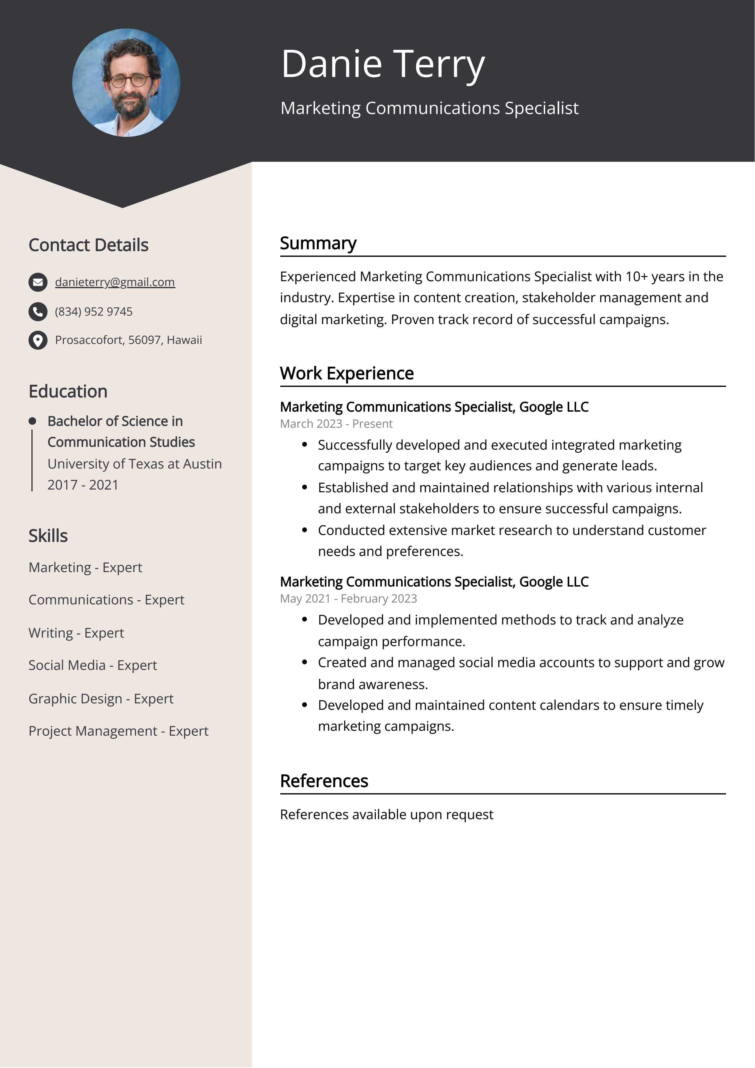 Marketing Communications Specialist CV Example