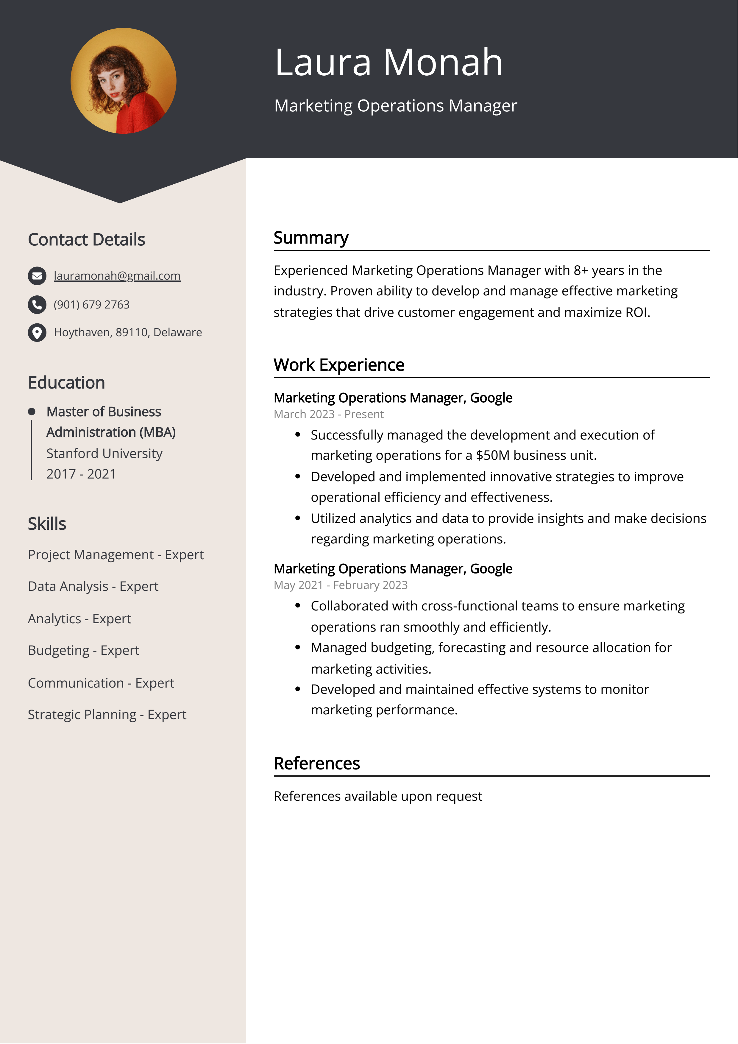 Marketing Operations Manager CV Example