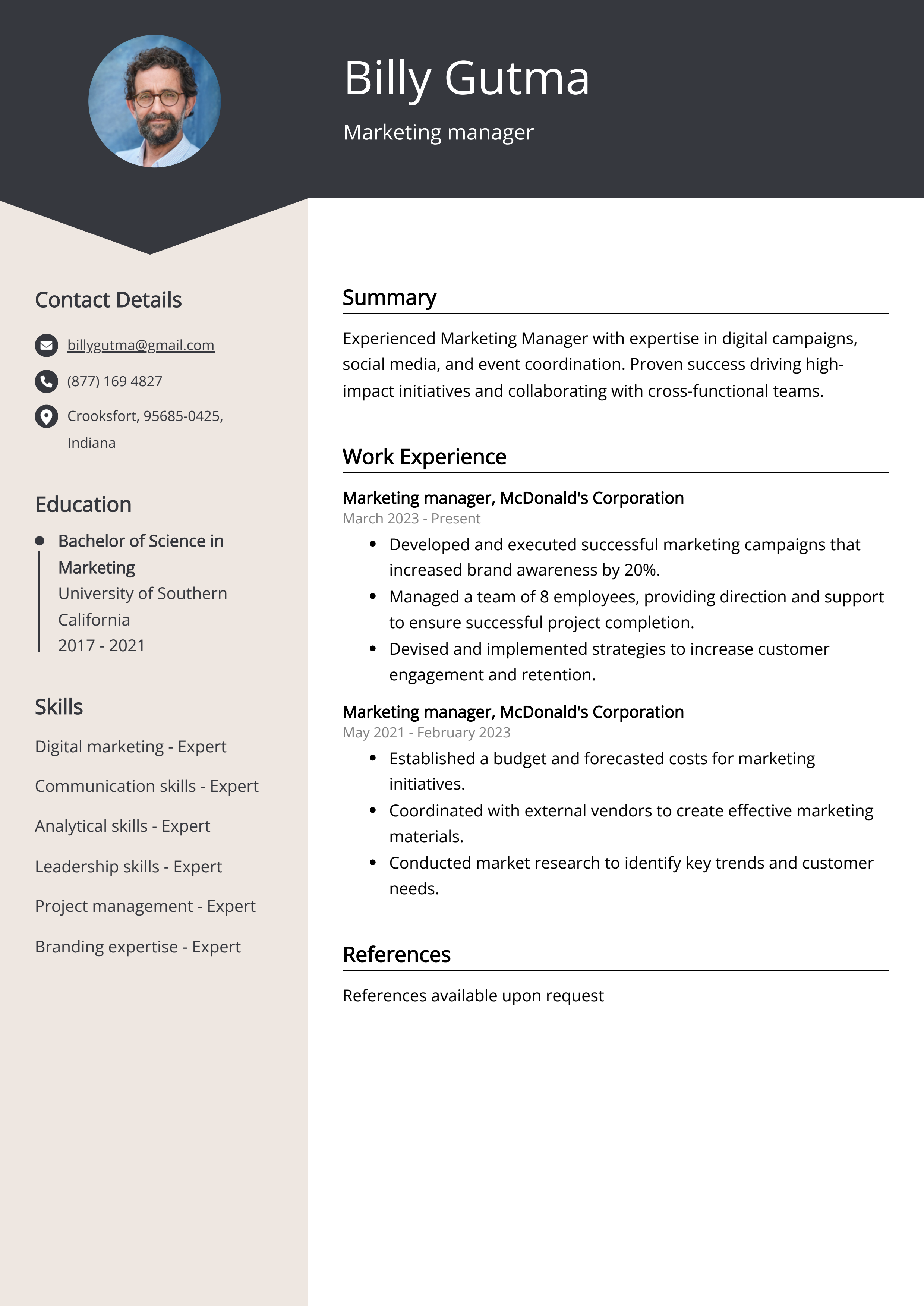 Marketing manager CV Example