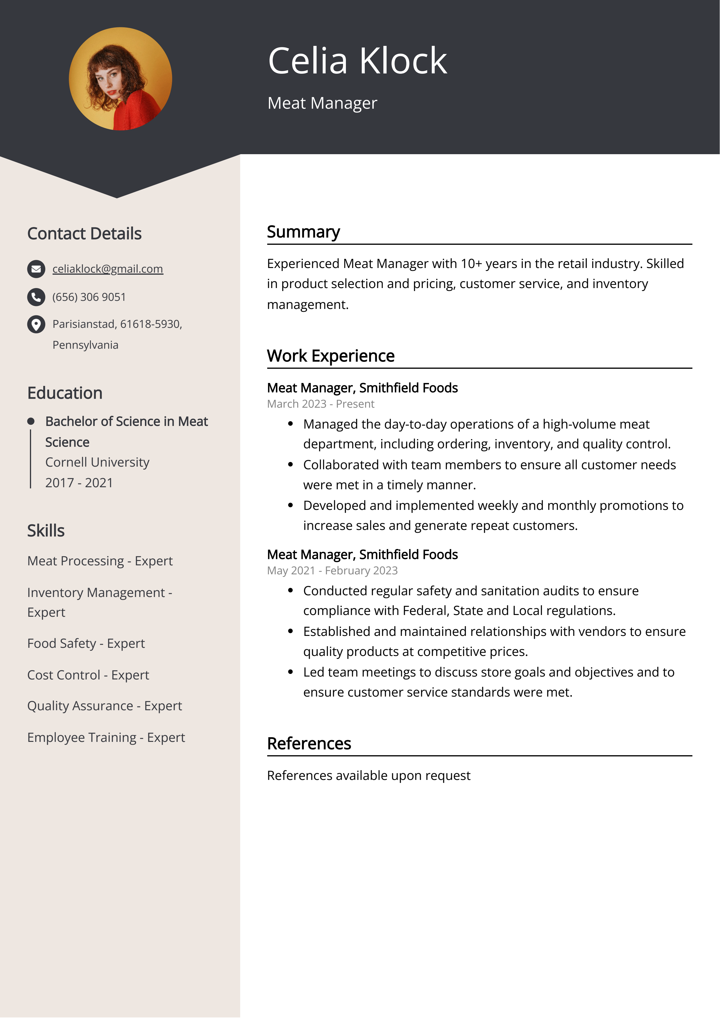 Meat Manager CV Job Description Sample Guide