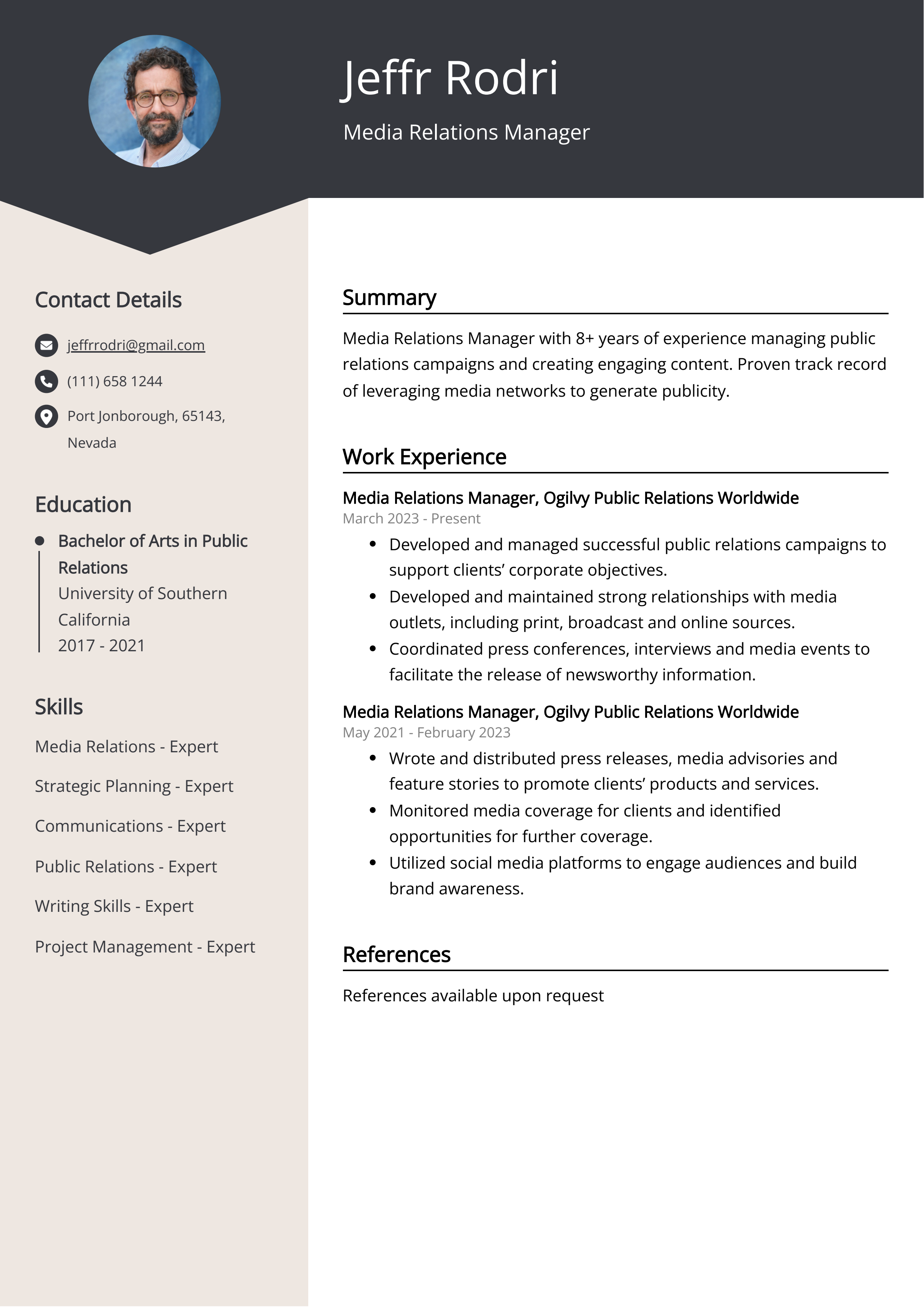 Media Relations Manager CV Example