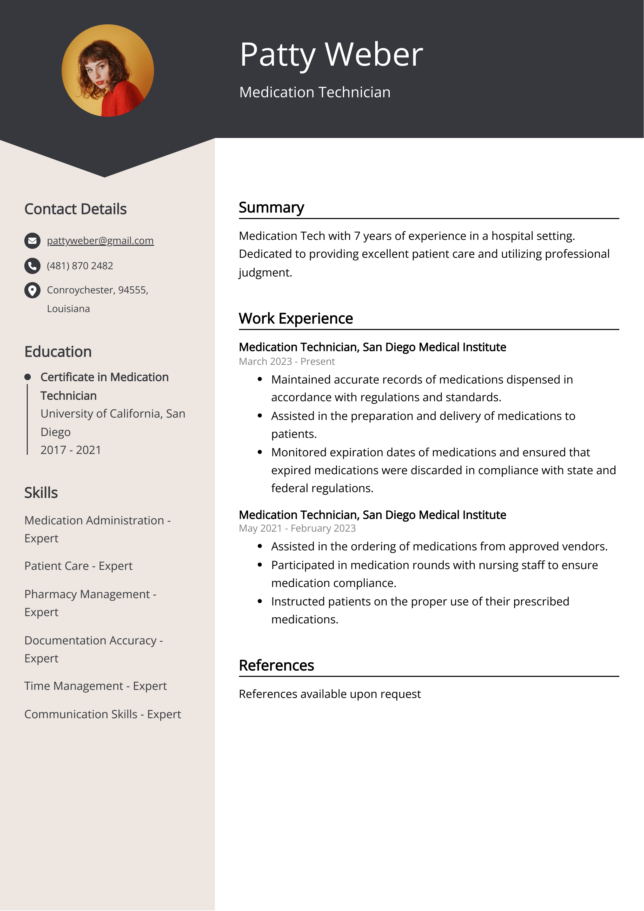 Medication Technician CV Example