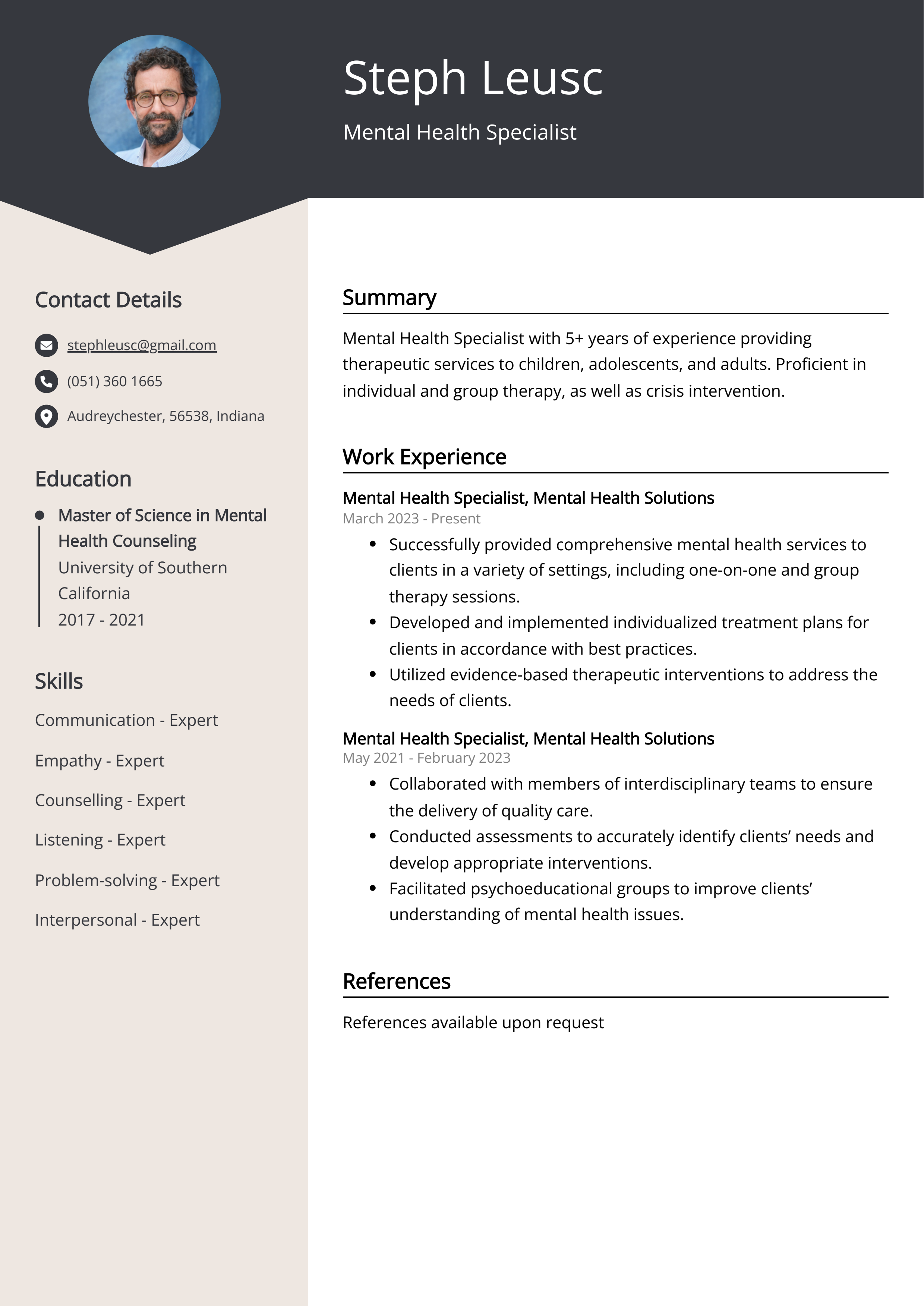 Mental Health Specialist CV Example