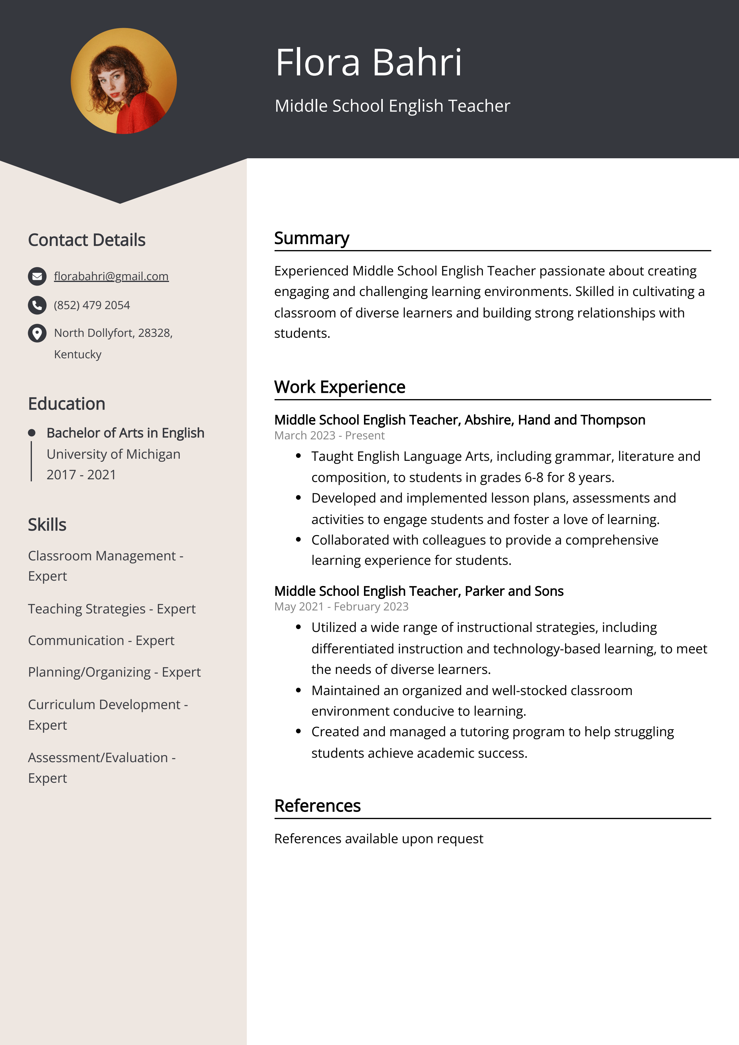 Middle School English Teacher CV Example
