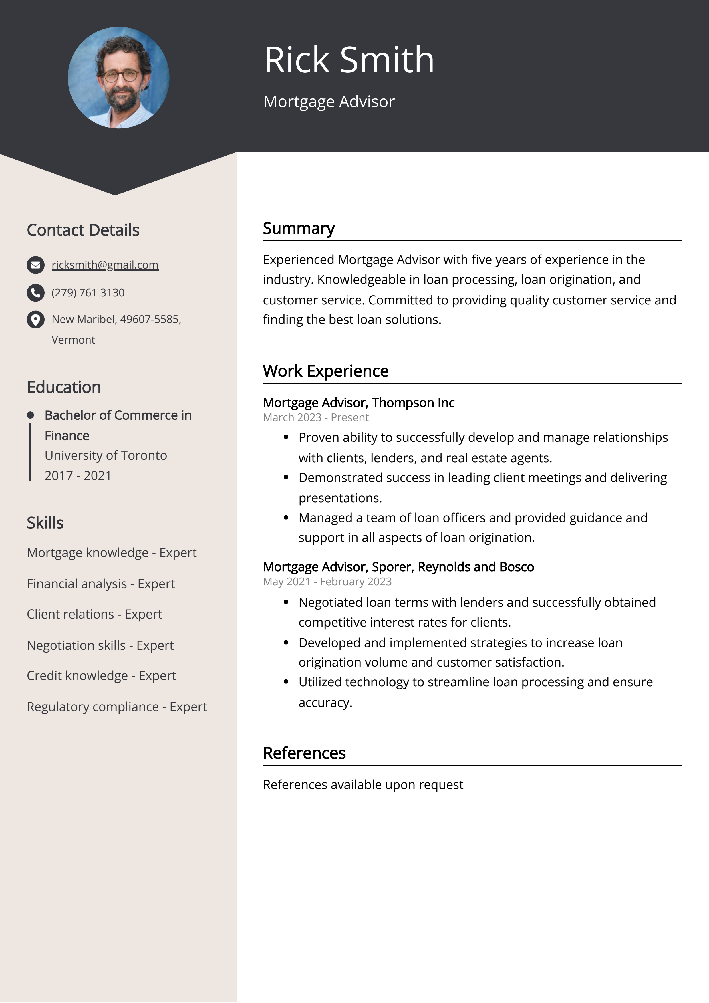 Mortgage Advisor CV Example