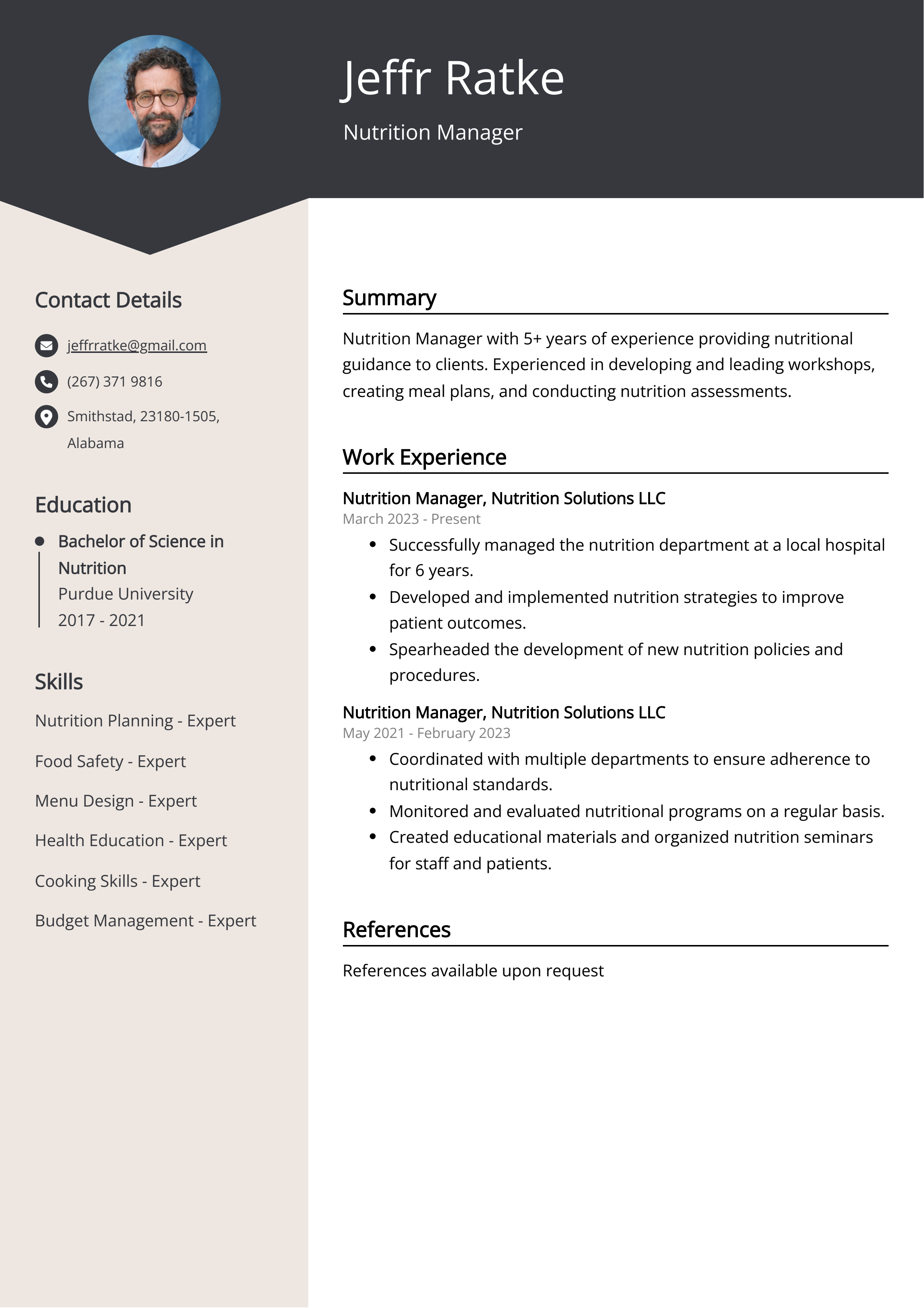 Nutrition Manager CV Example