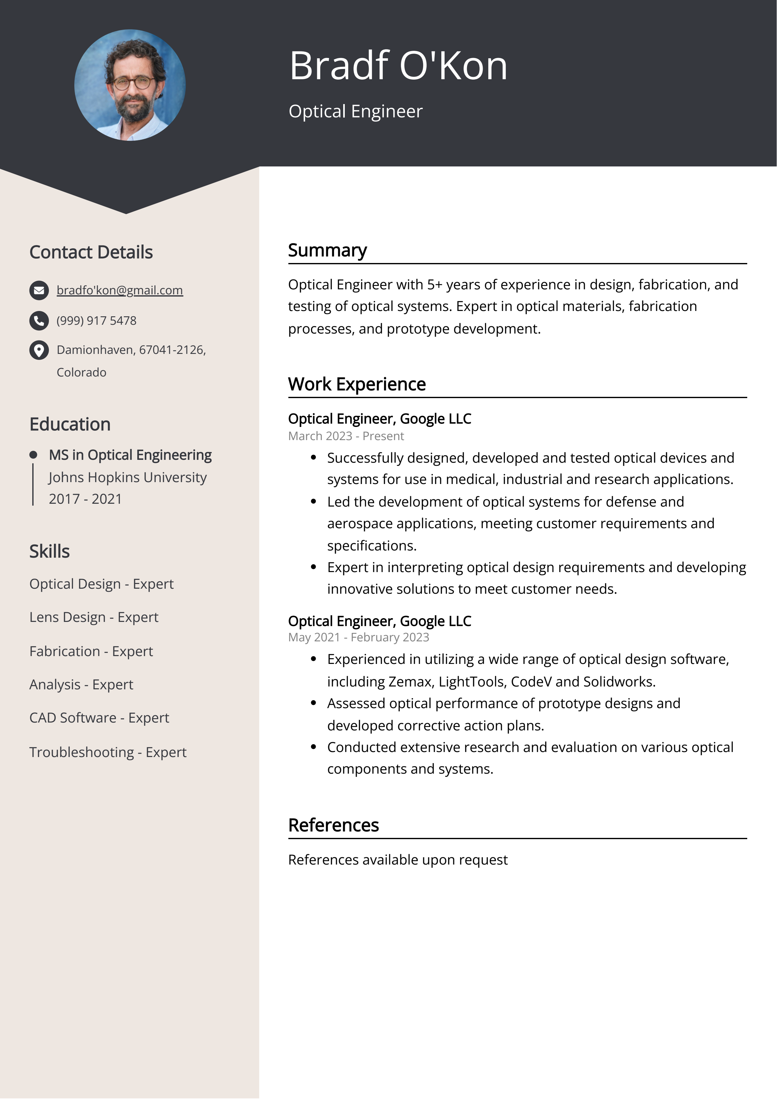 Optical Engineer CV Example