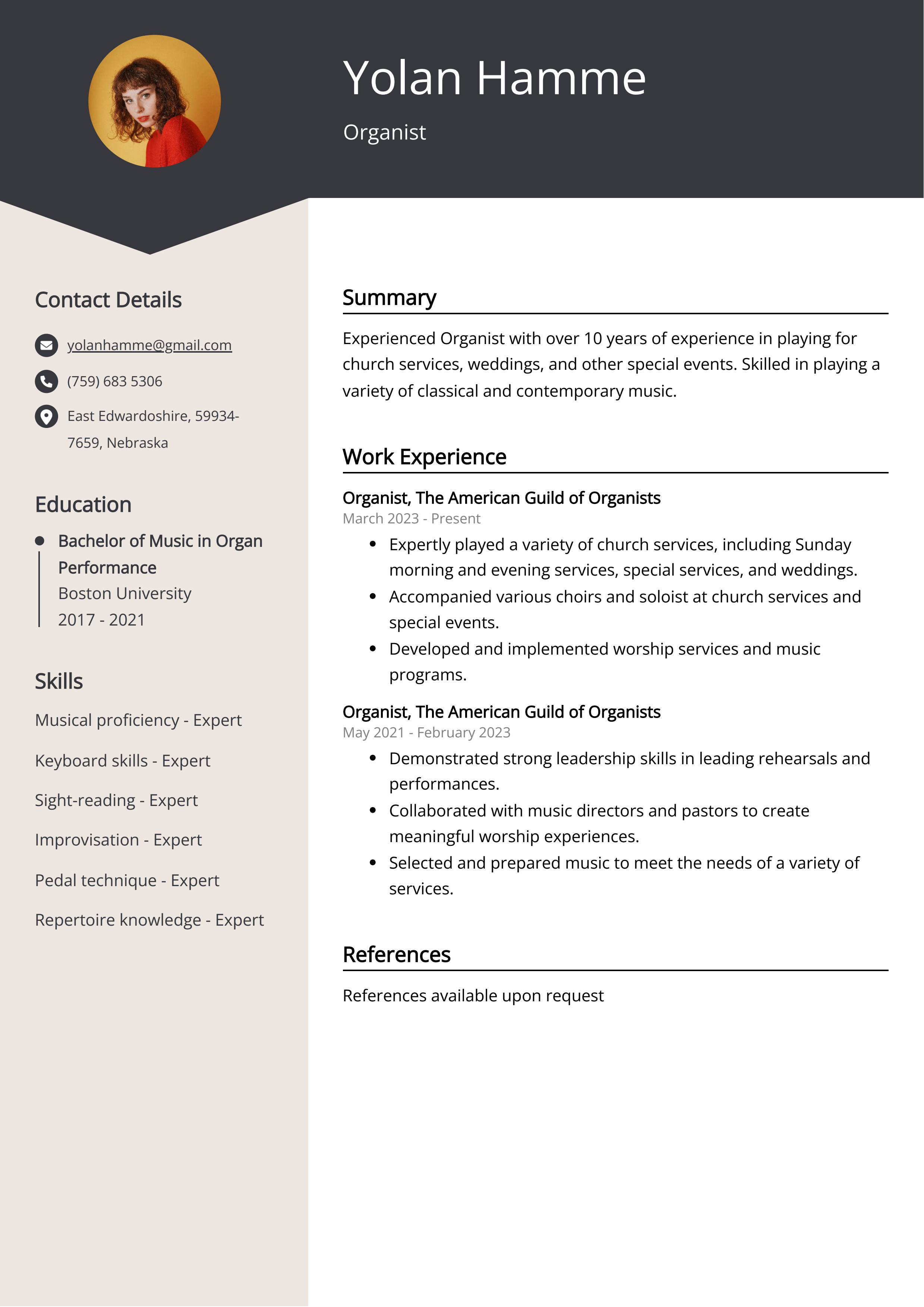 Organist CV Example