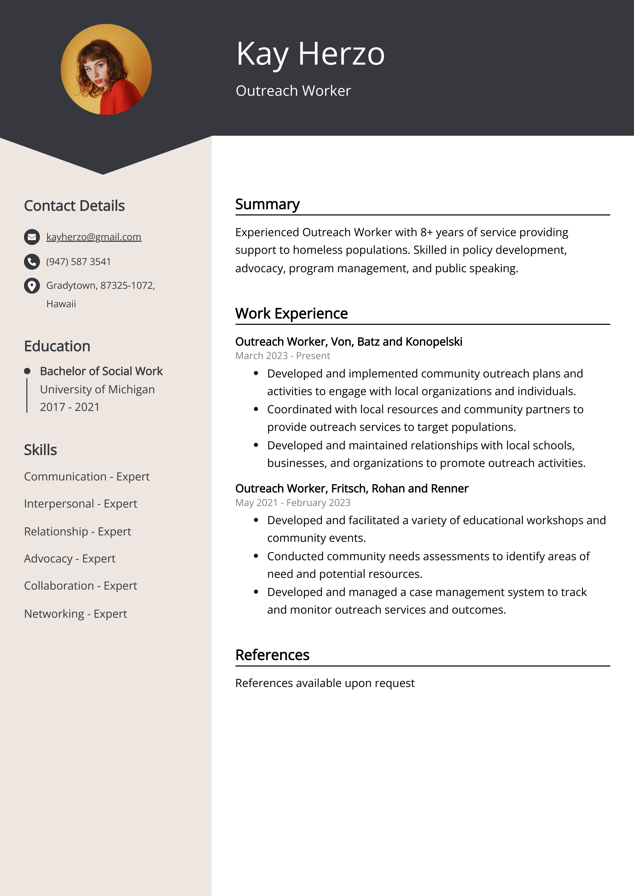 Outreach Worker CV Example