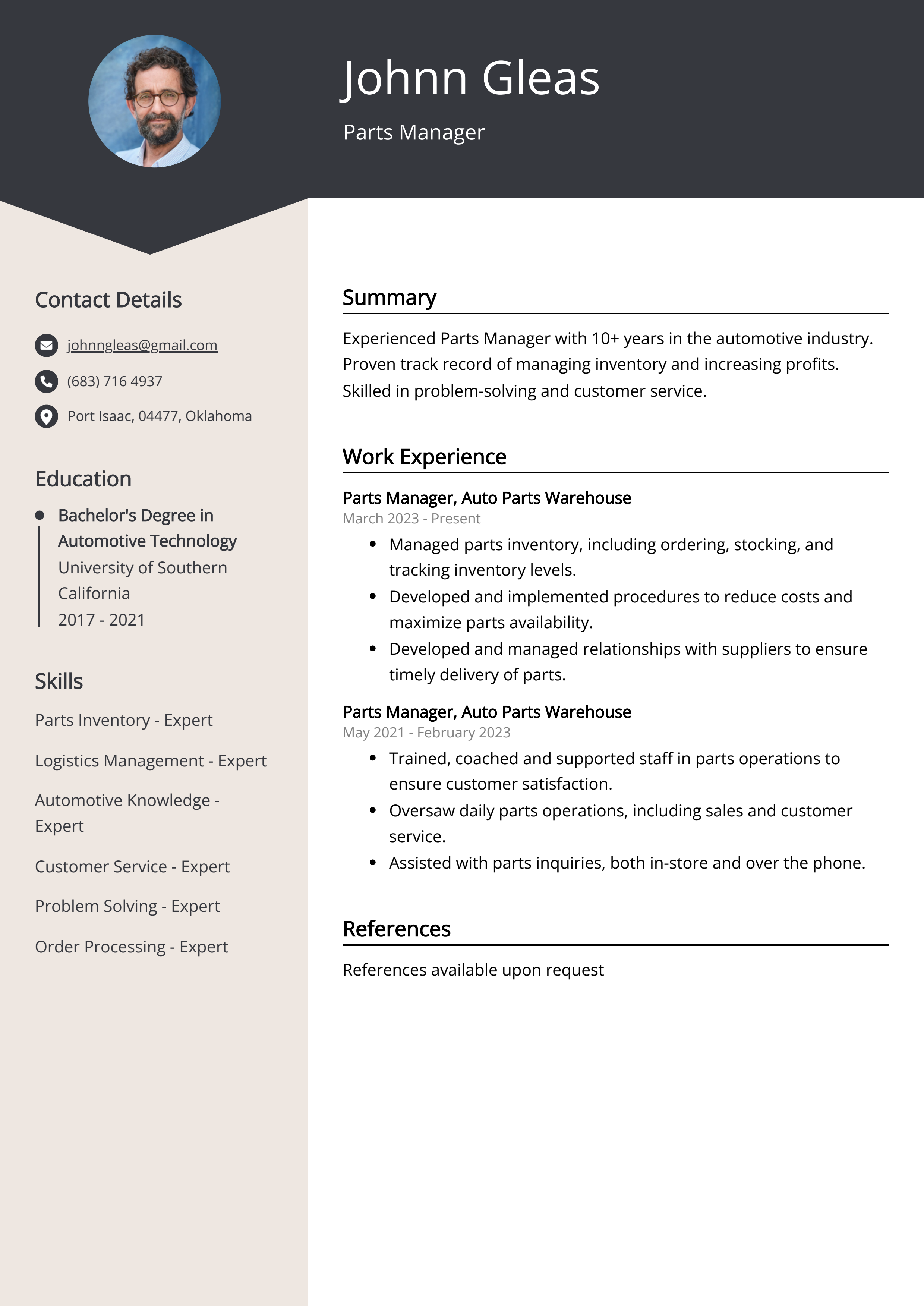 Parts Manager CV Example
