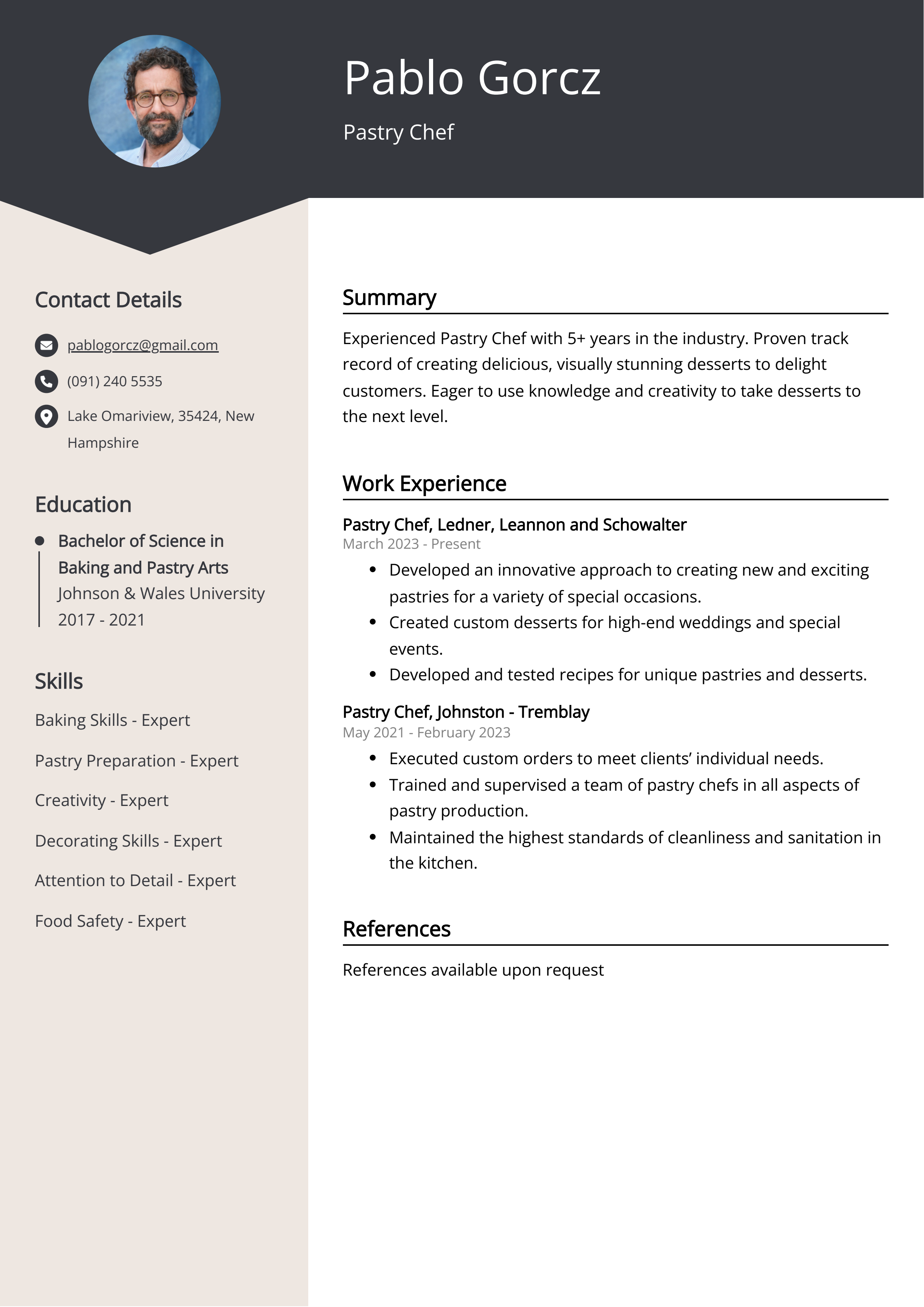 Pastry Chef CV Example