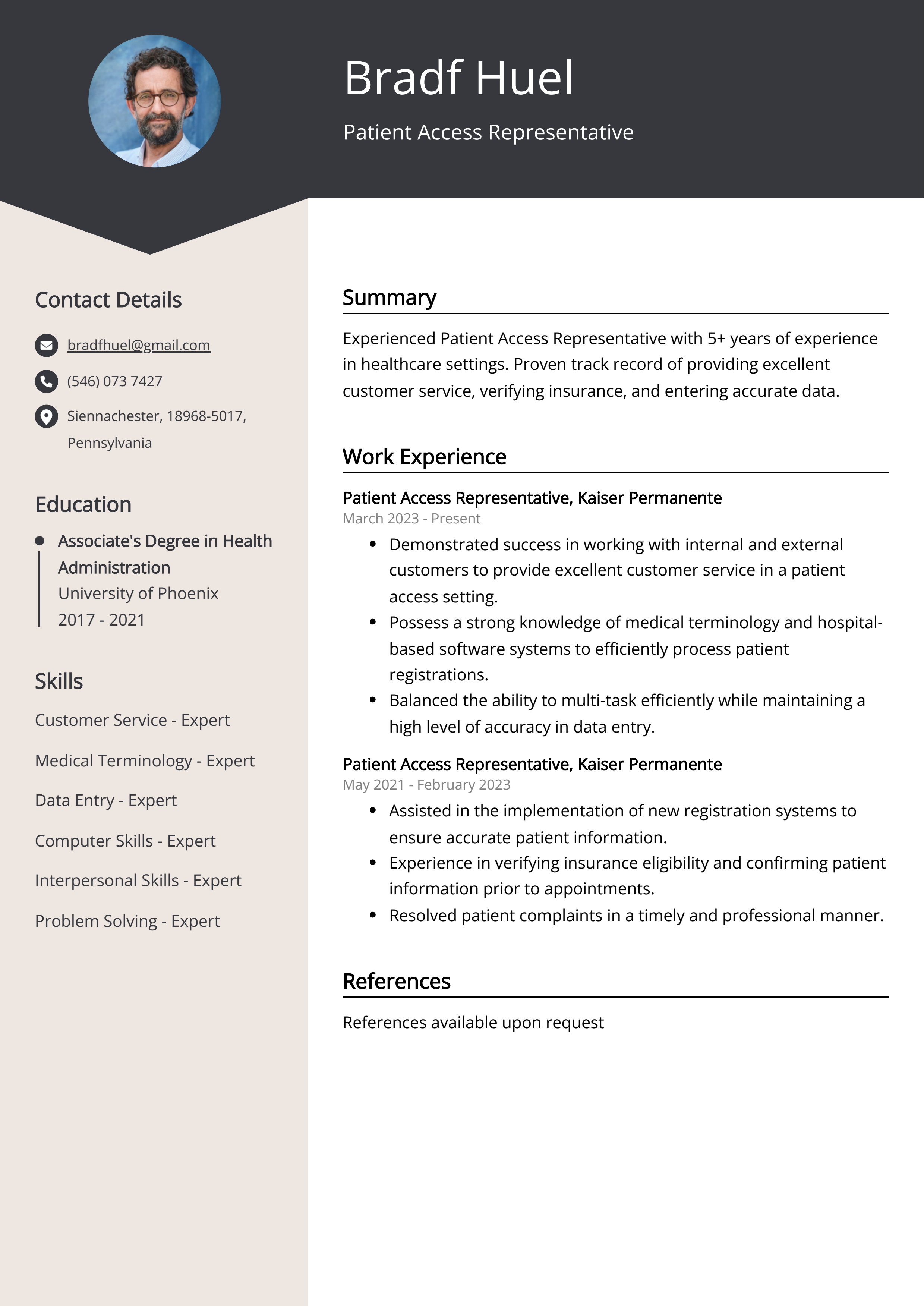 Patient Access Representative CV Example