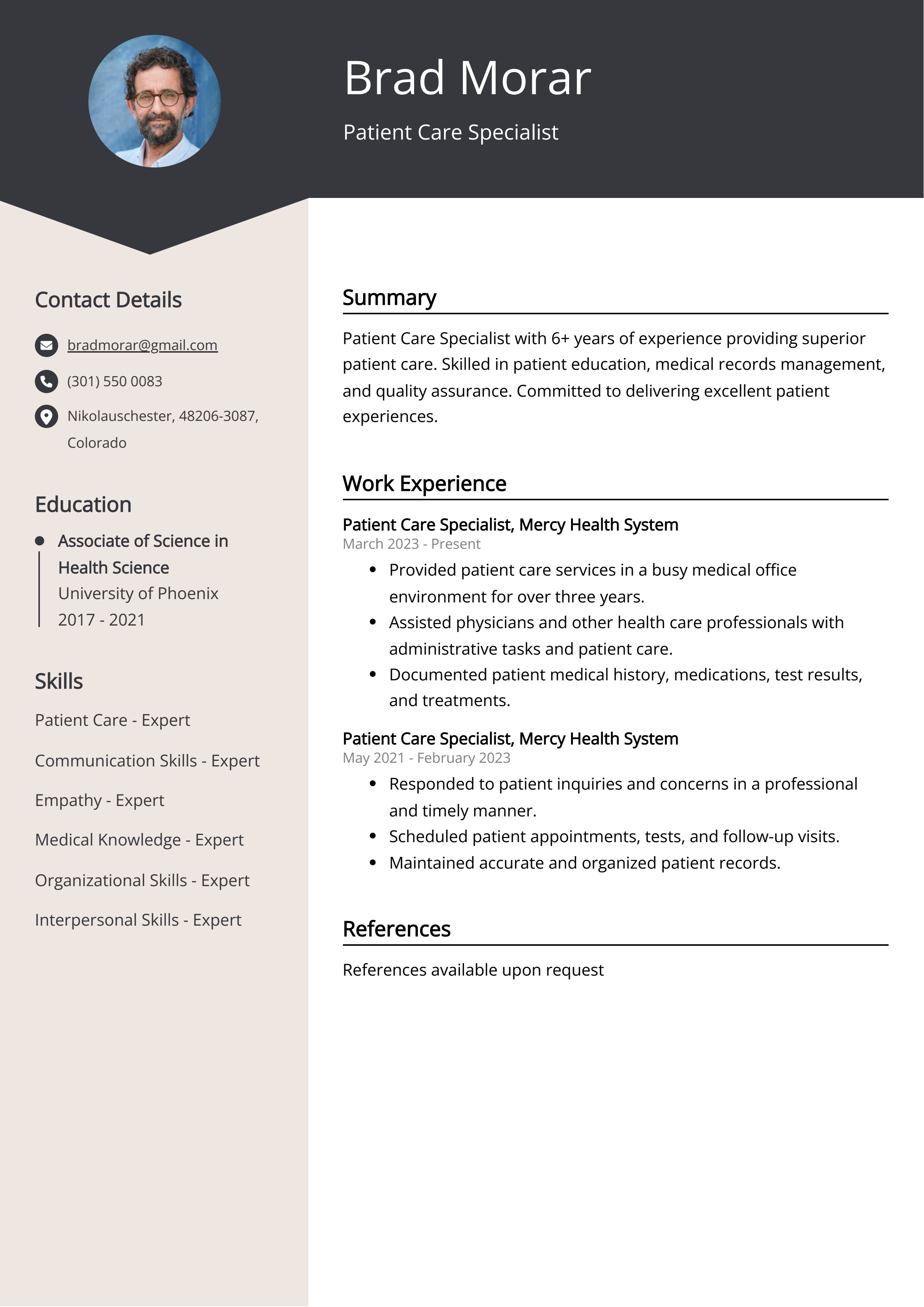 Patient Care Specialist CV Example