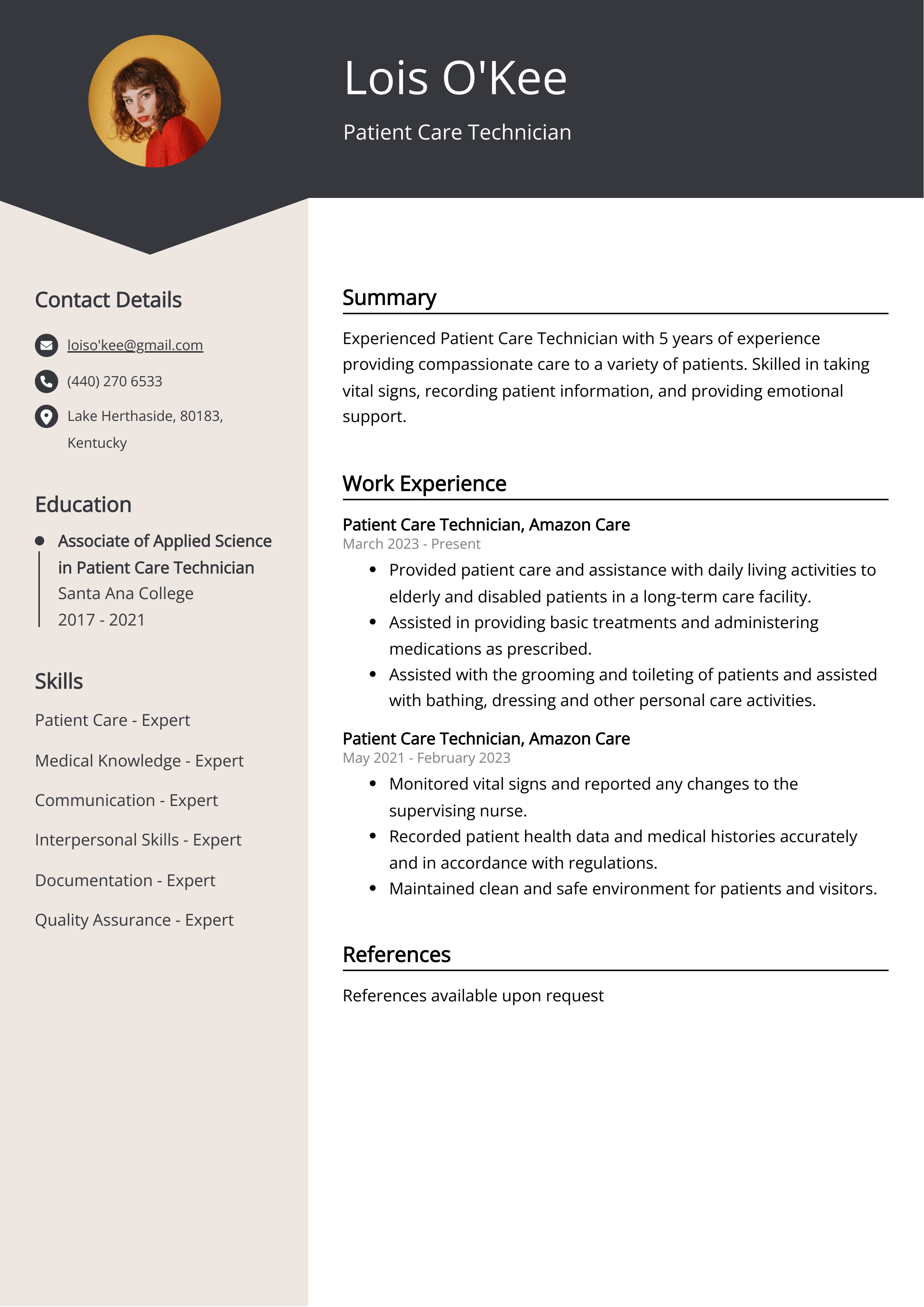 Patient Care Technician CV Example