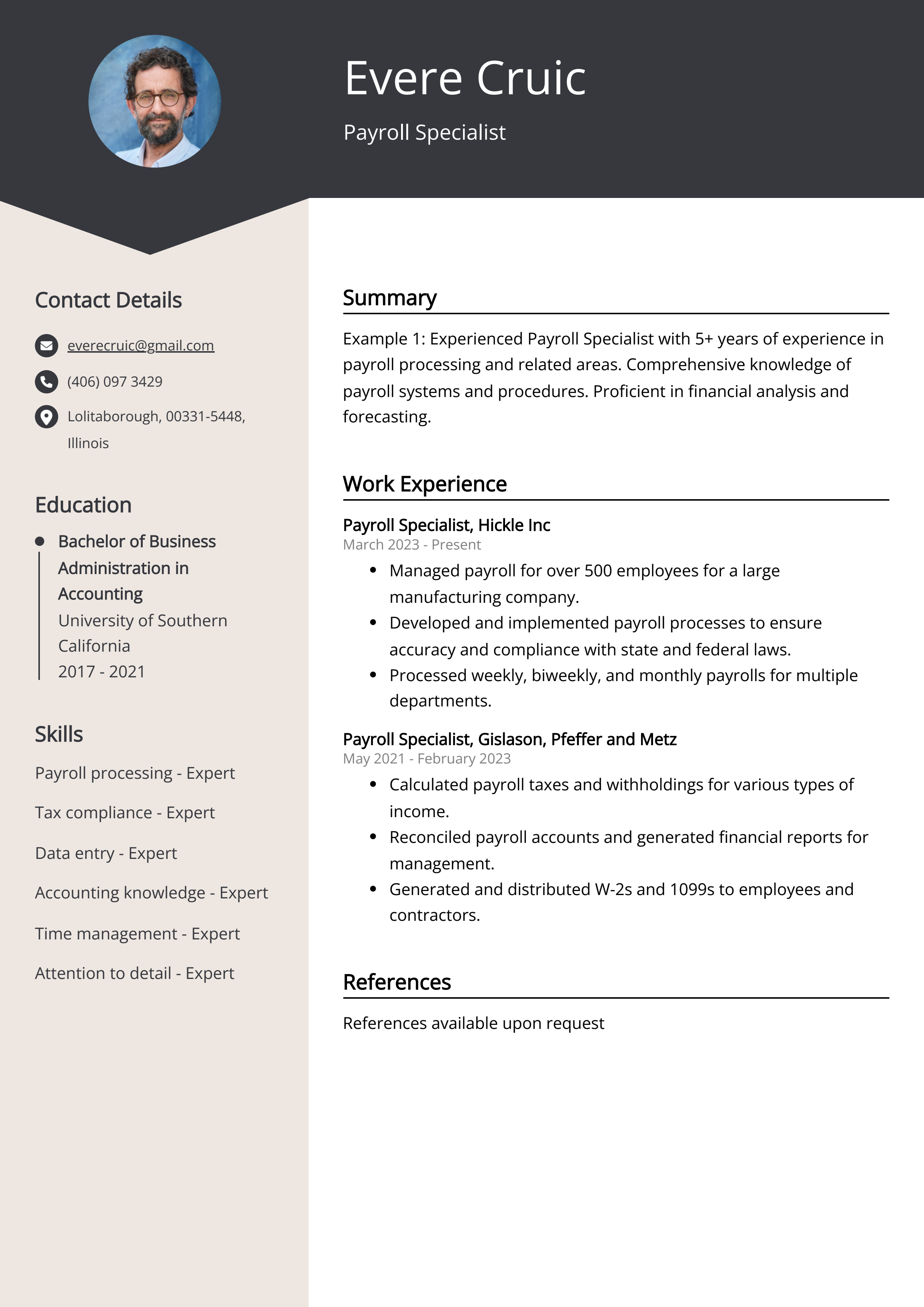 Payroll Specialist CV Example